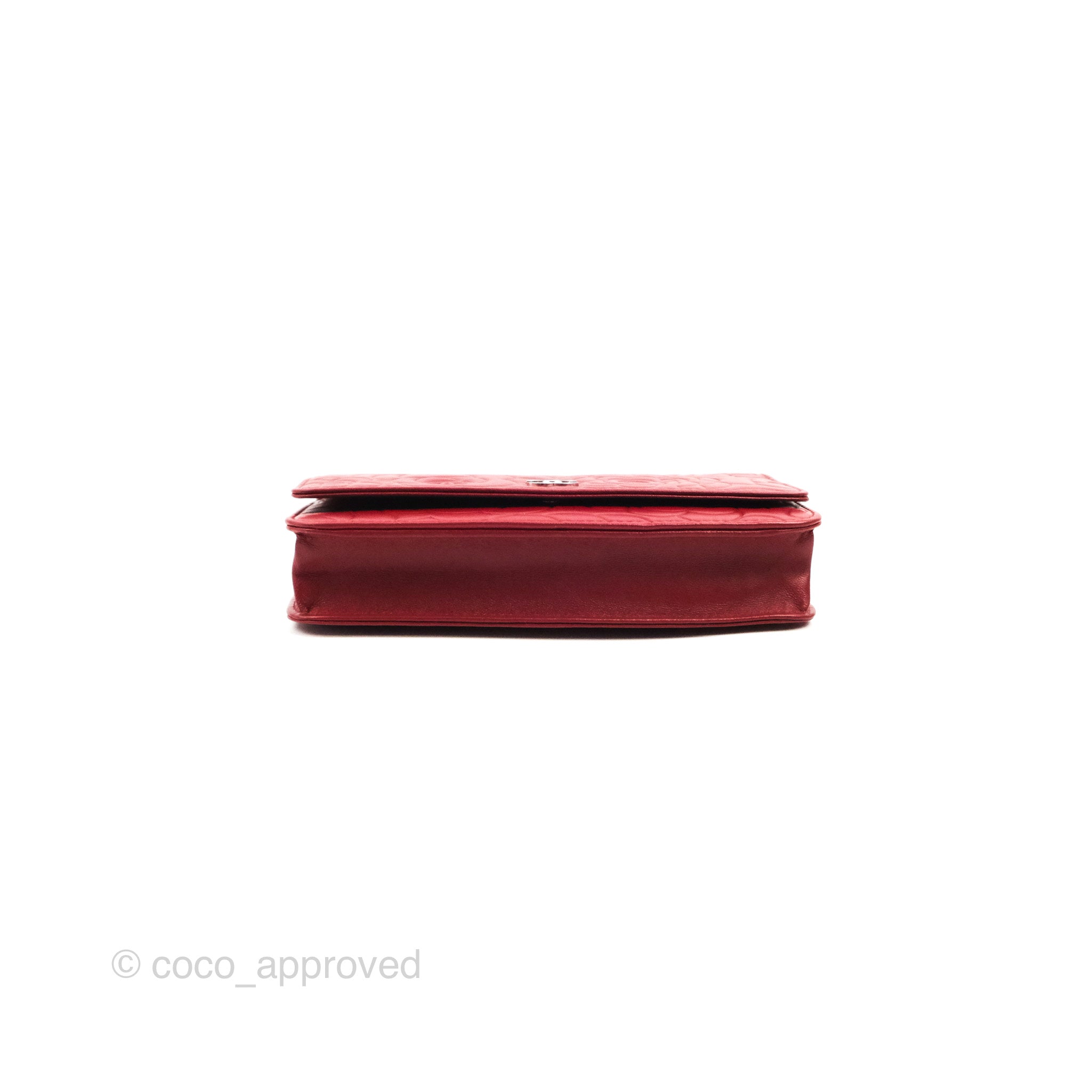 Chanel Camellia Embossed Wallet on Chain WOC in Red Lambskin with Silver Hardware - Luxury Crossbody Bag for Women, Perfect for Evening Events & Date Nights