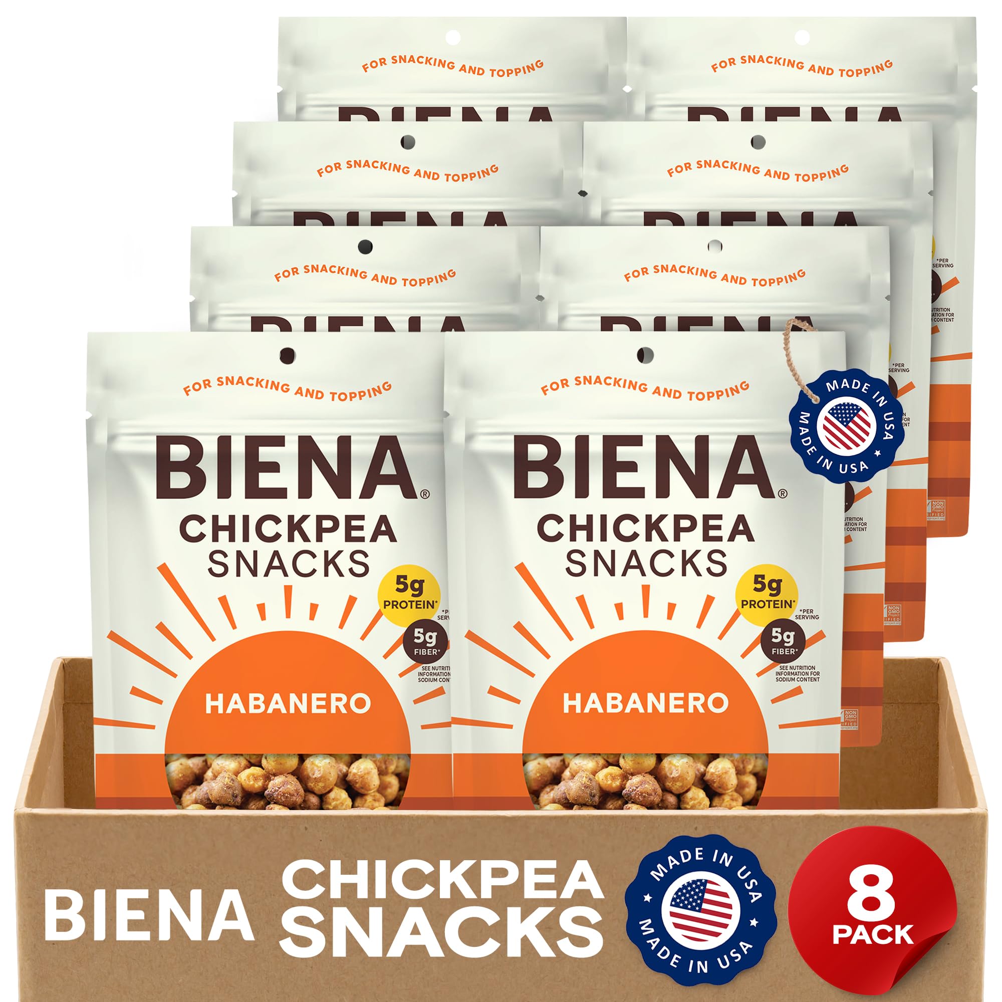 BIENA Crunchy Roasted Chickpea Snacks - High Fiber Vegan Protein Snacks for Adults & Kids - 8-Pack (5oz) - Habanero Flavor - Perfect for School Lunches, Office Snacks & Healthy On-the-Go Eating