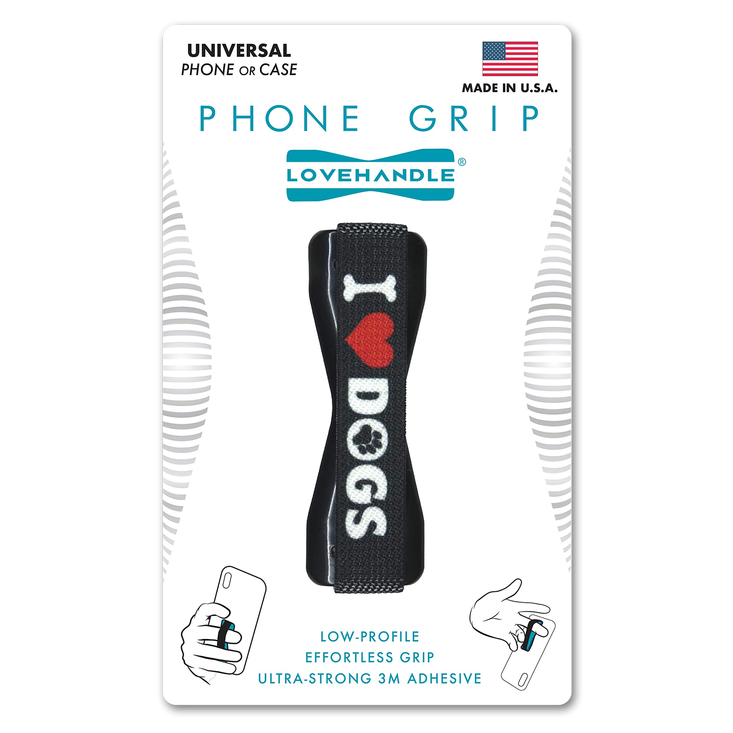 LOVEHANDLE Universal Phone Grip Stand for Smartphones & Mini Tablets - Ergonomic Hand Holder with Wireless Charging Compatibility - Made in USA - Supports I Heart Dogs Charity - Perfect for Driving, Gym Workouts & Everyday Use