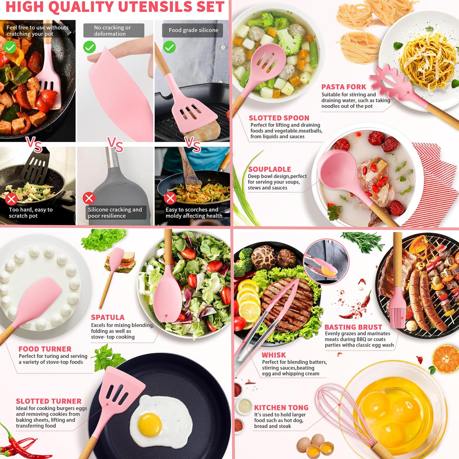 19-Piece Silicone Cooking Utensil Set with Wooden Handle - Non-Stick Heat Resistant Kitchen Tools for Baking & Cooking (Pink)