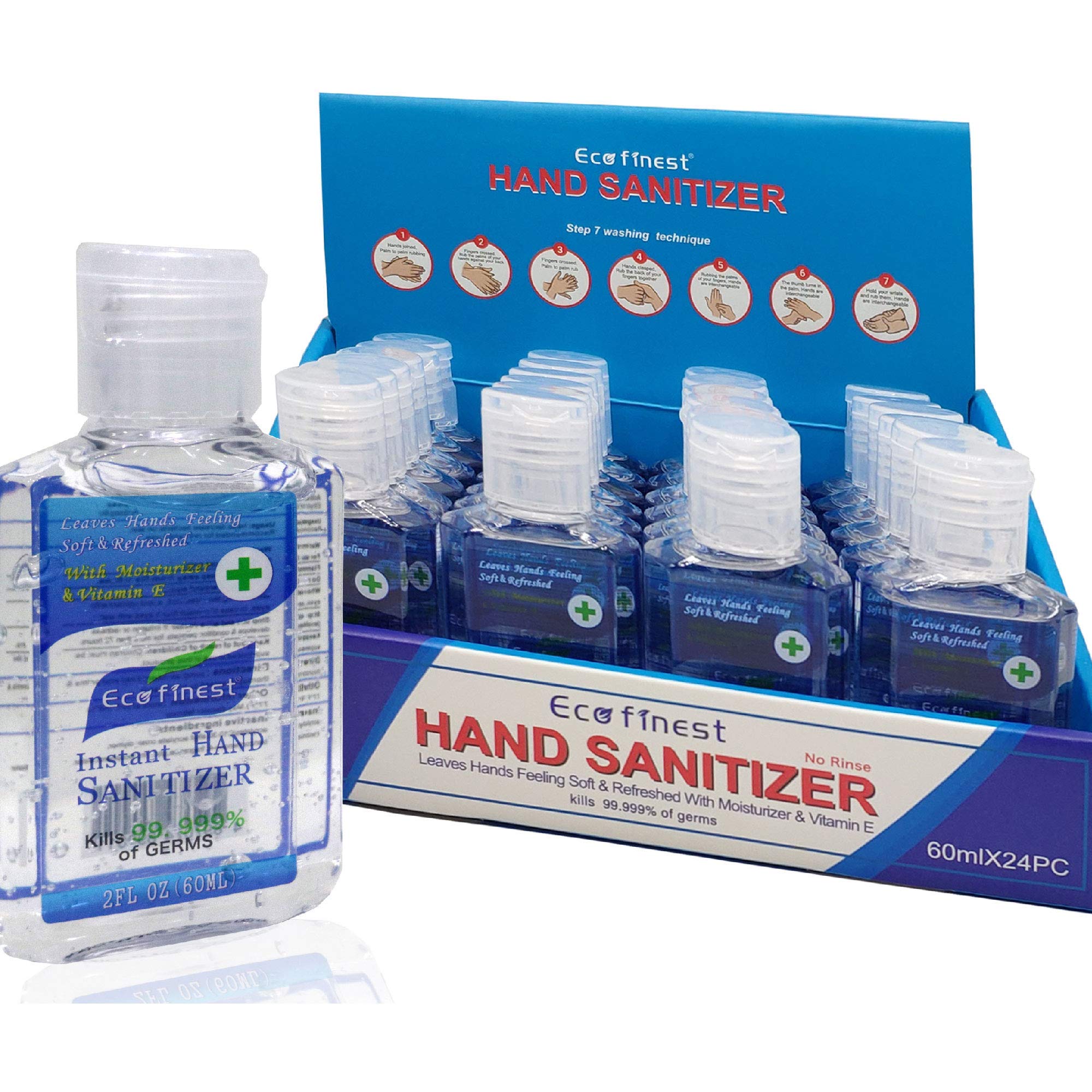 Eco Finest 2oz Hand Sanitizer Bulk Pack (24 Count) - 75% Alcohol No Rinse Instant Clean - Travel Size Sanitizing Gel for Office, School, Gym & On-The-Go Use