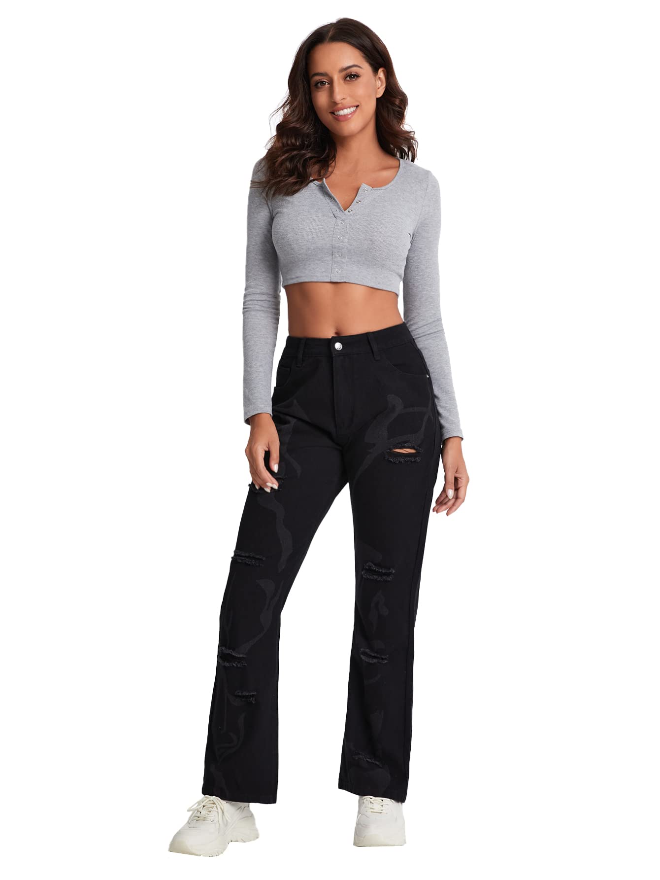 WDIRARA Women's High Waisted Button Ripped Distressed Jeans - Casual Denim Pants for Everyday Wear, Street Style & Outfits | Stretch Comfort Fit for Plus Size & Petite