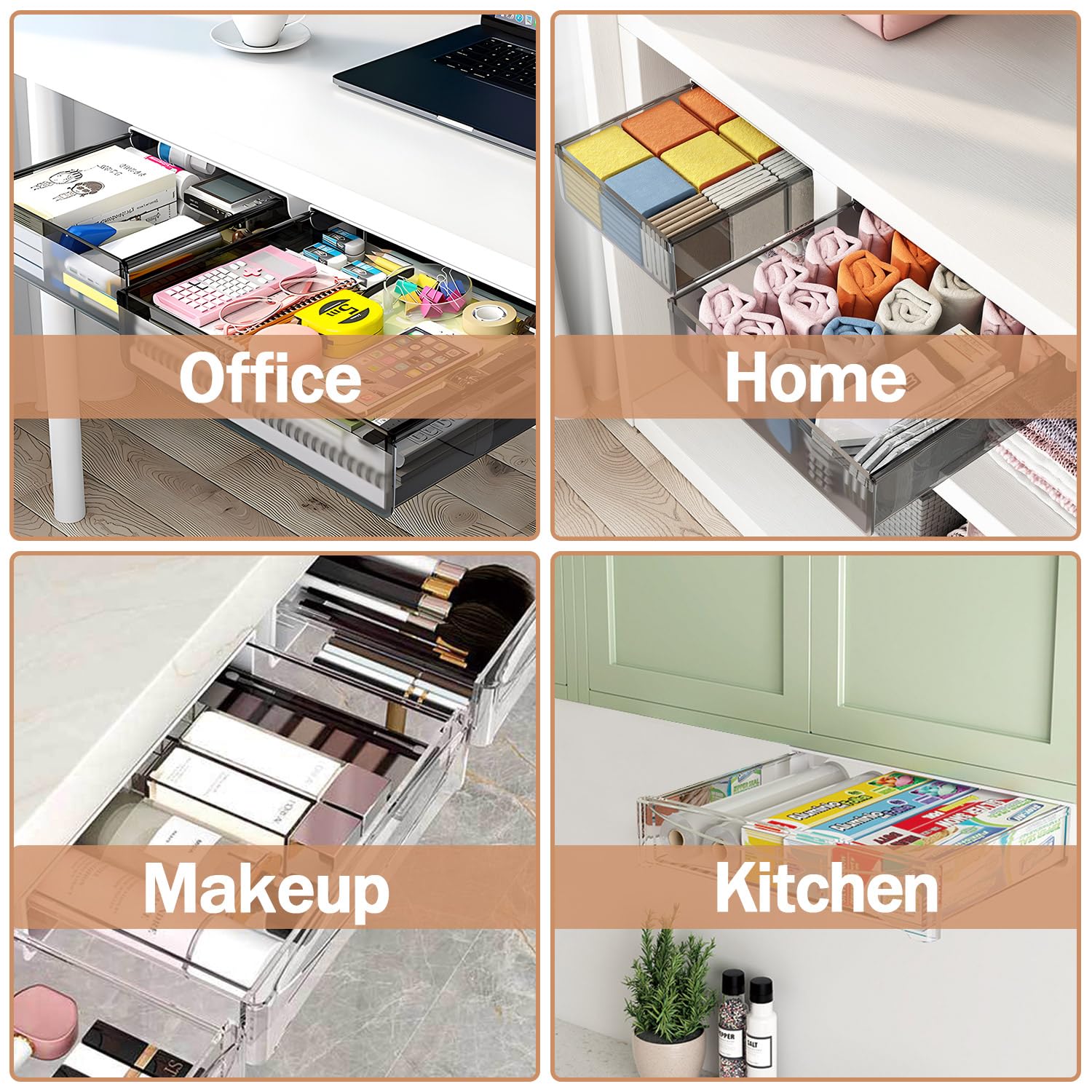 Under Desk Storage Organizer - 2 Pack Slide Out Drawers (Large & Medium) for Office Supplies, Hidden Desktop Organizer with Attachable Pencil Tray | Perfect for Home Office, Study Desk & Workspace Organization