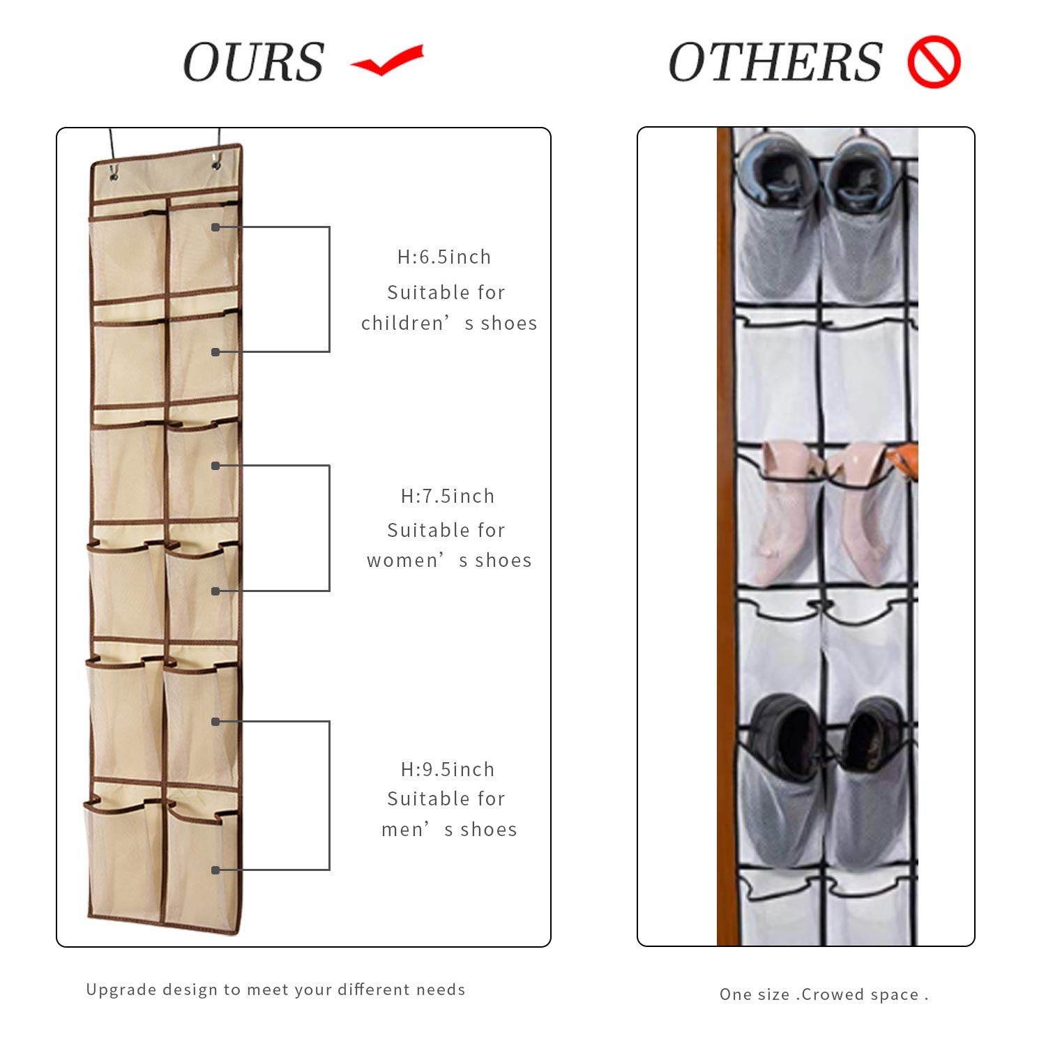 KEEPJOY Over The Door Hanging Shoe Organizer with 12 Mesh Pockets - Space Saving Closet Storage for Men, Women & Kids Shoes - 57.5×12.6 Inch Beige - Perfect for Bedrooms, Dorm Rooms and Entryway Organization
