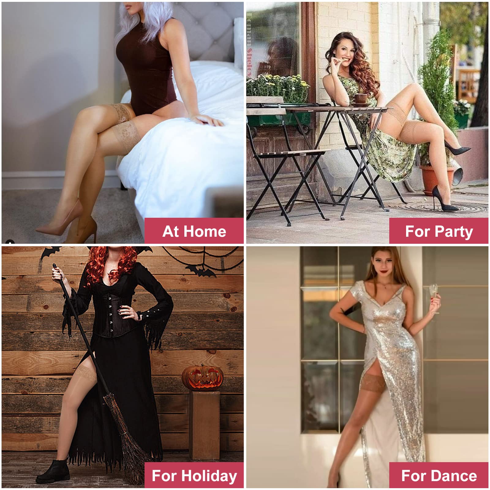 MANZI Sheer Shiny Thigh High Stockings for Women - 2 Pairs Silky Lingerie Pantyhose with Stay-Up Silicone Lace Top | Perfect for Date Night, Cosplay & Special Occasions