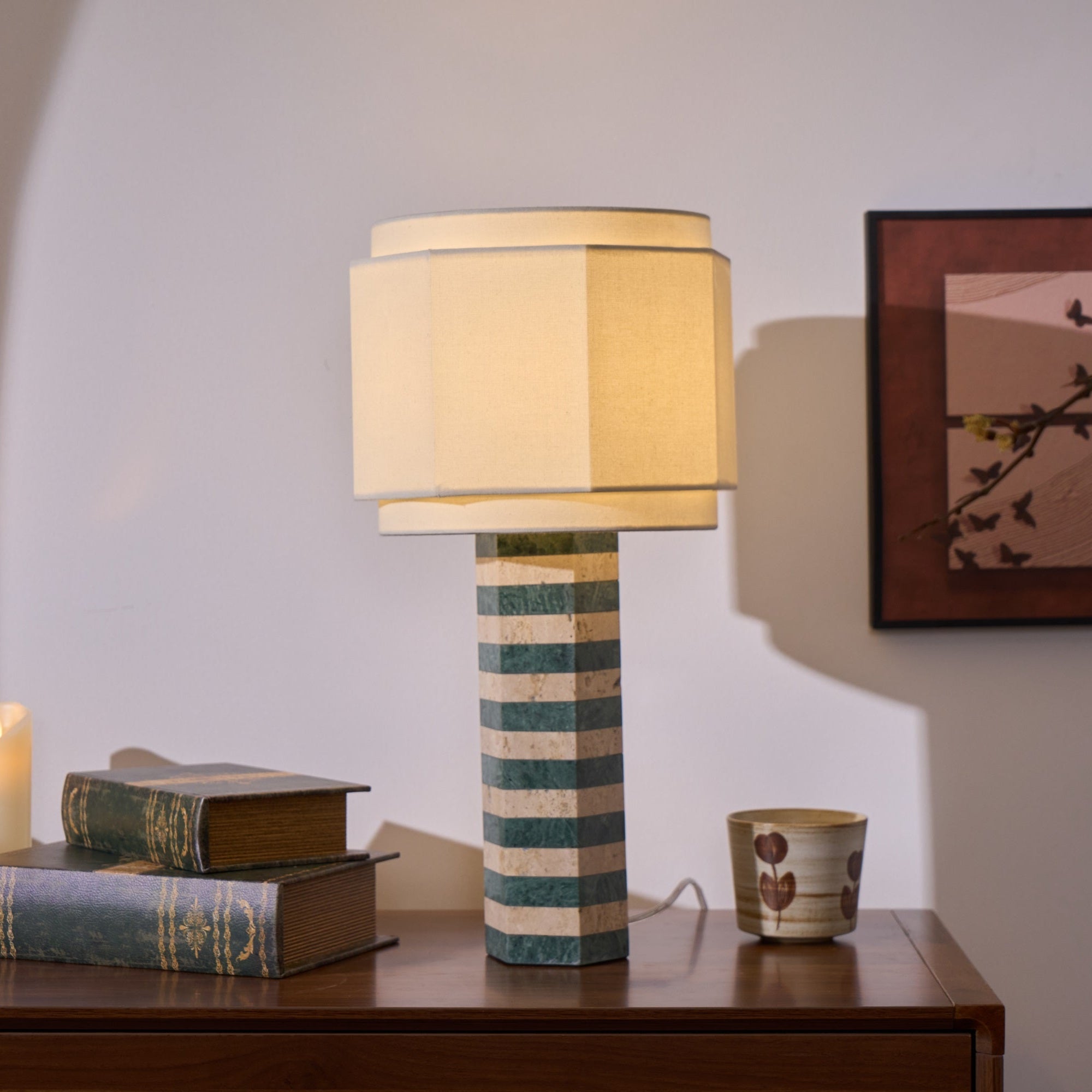 Modari Striped Stone Table Lamp - Modern Decorative Lighting for Living Room, Bedroom & Office - Dimmable LED Desk Lamp with Natural Stone Base