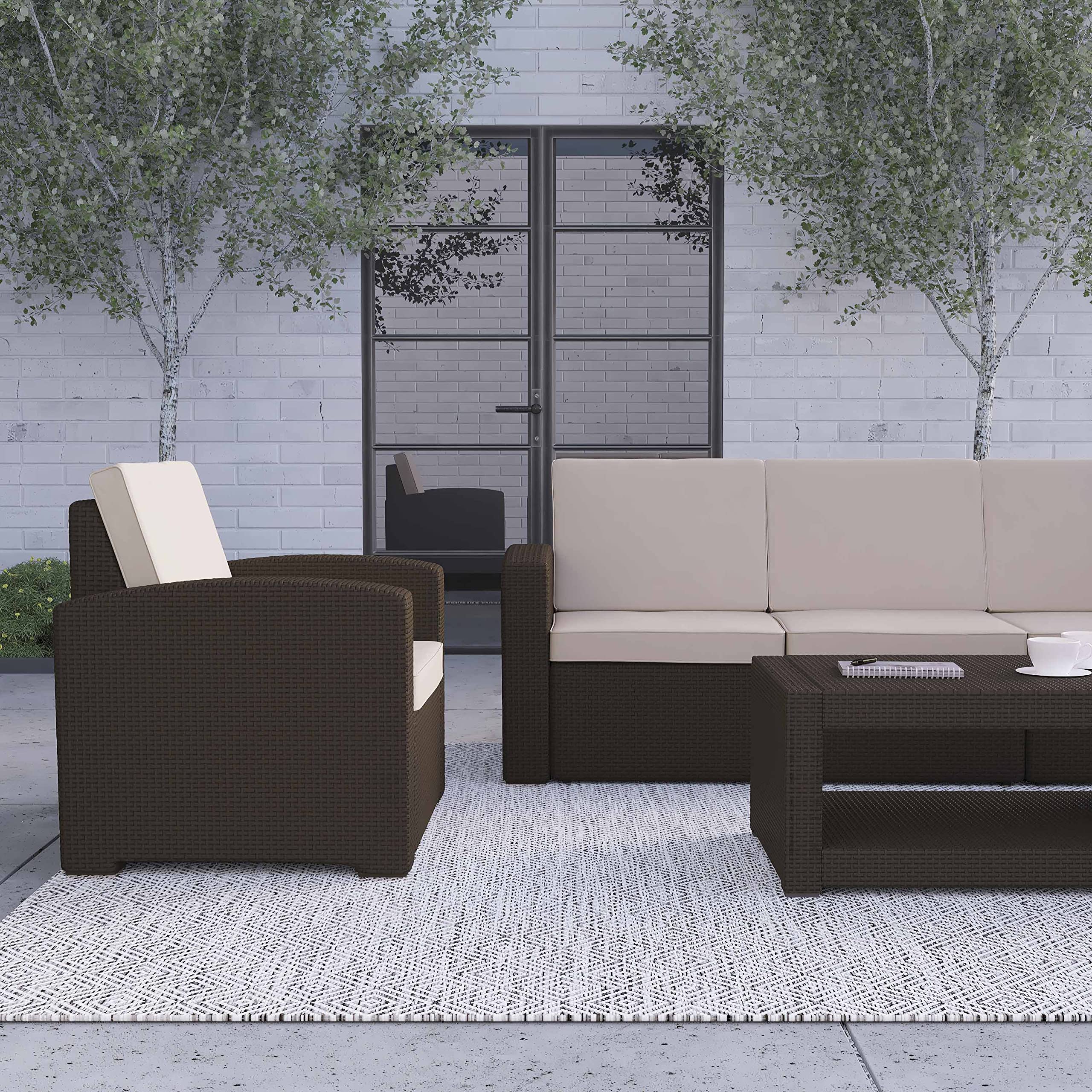 Merrick Lane Errol 5-Piece Outdoor Patio Furniture Set - Brown Wicker-Look Resin - 2 Chairs & Sofa with Cushions + Coffee Table & Side Table - Weatherproof for Garden, Poolside & Backyard Relaxation