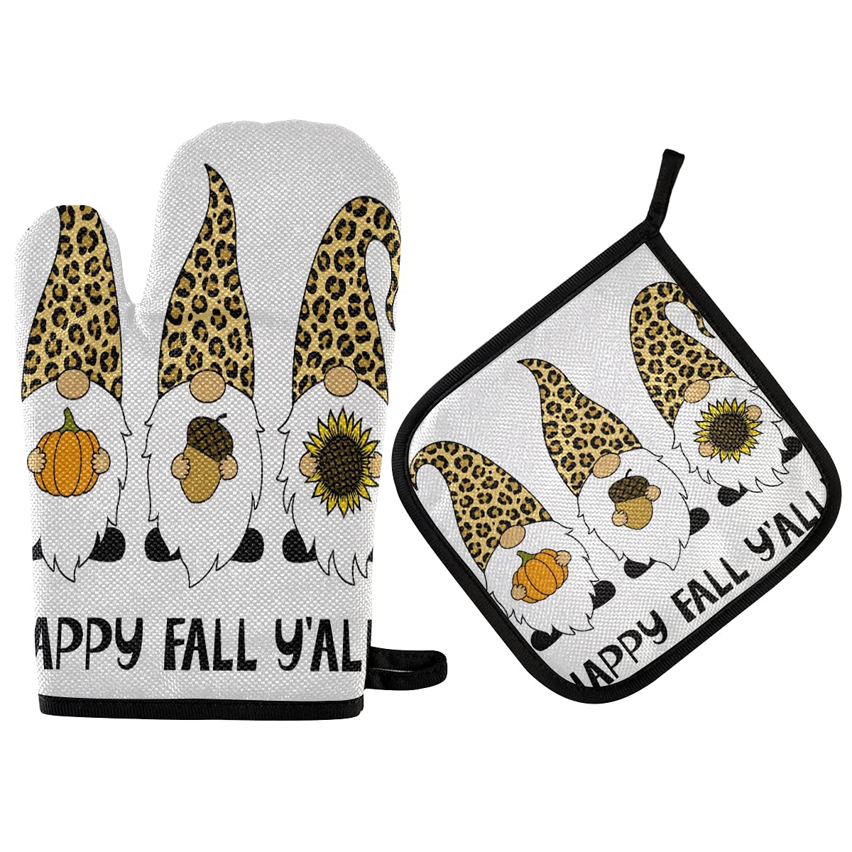 Fall Gnomes Oven Mitts & Pot Holders Set - 2-Piece Non-Slip Heat Resistant Kitchen Gloves with Pumpkin Sunflower Design - Perfect for Baking, Cooking, BBQ & Autumn Home Decor