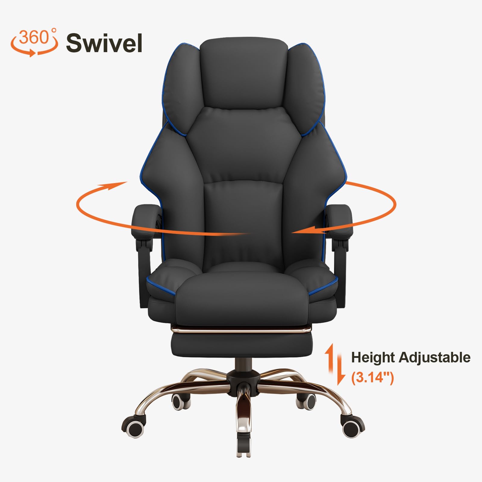 Premium Ergonomic Executive Office Chair - PU Leather High Back Computer & Gaming Chair with Adjustable Height, Footrest & Wheels - Black - Perfect for Home Office, Gaming Setup & Professional Workspaces