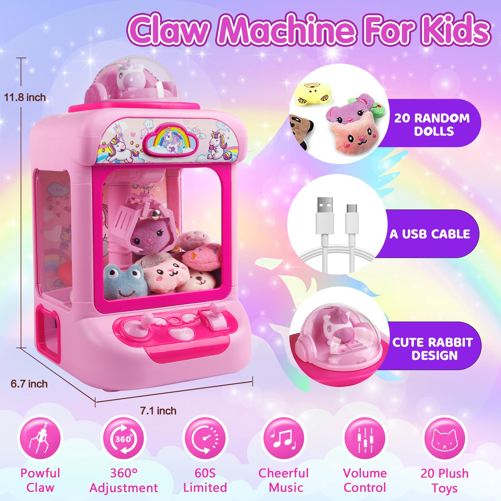 **TingingYuli Unicorn Claw Machine for Kids - Mini Candy Grabber & Prize Dispenser Toy with 20 Plush Toys - Fun Electronic Arcade Game for Girls & Boys - Perfect for Christmas, Easter & Birthday Gifts - Great for Parties, Playrooms & Family Game Nights**