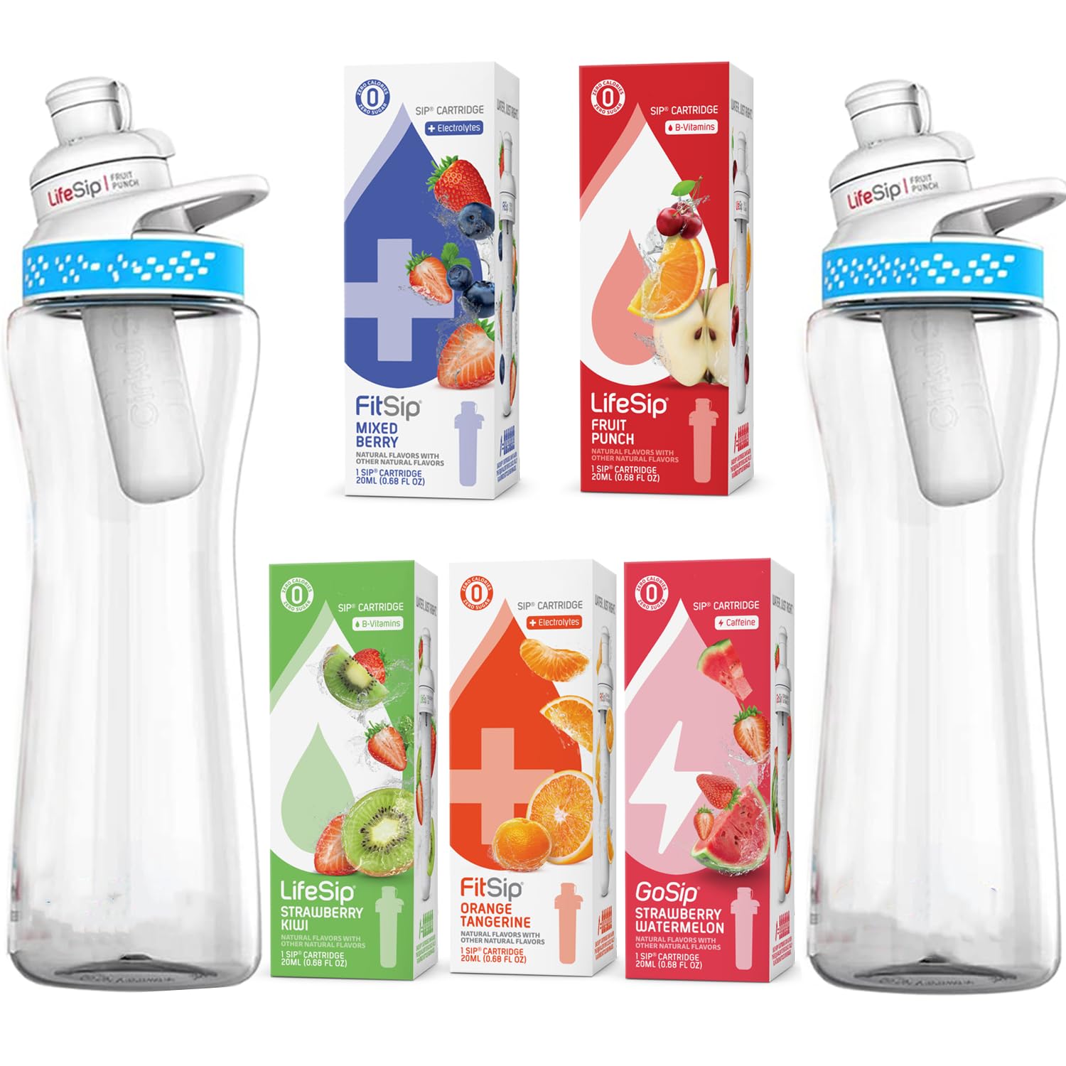 Cirkull Two 22oz BPA-Free Plastic Water Bottle with 5 Flavor Cartridges - 2 Pack Reusable Bottles with Blue Lids & Random Flavors - Perfect for Gym, Hiking, Office & Outdoor Activities