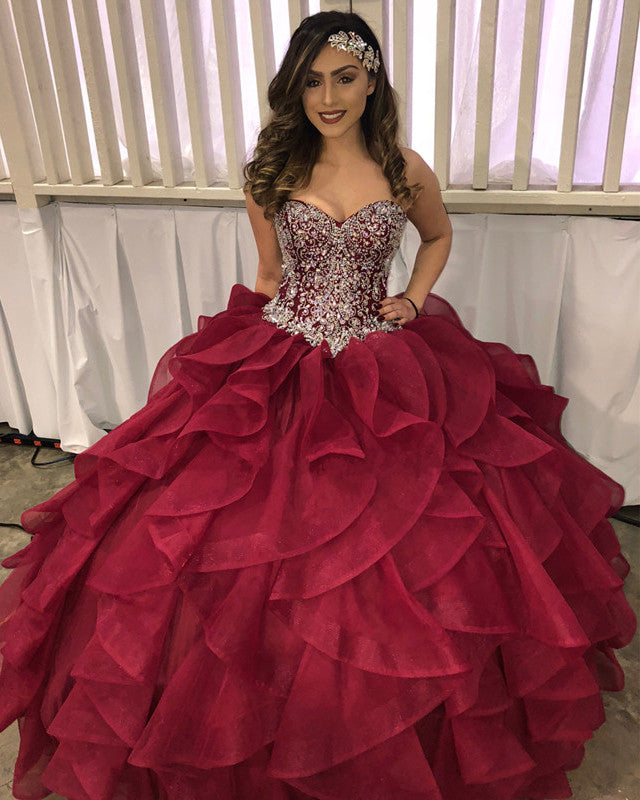 Elegant Crystal Beaded Sweetheart Bodice Corset Organza Ruffles Quinceanera Dress for Prom, Wedding, and Special Occasions