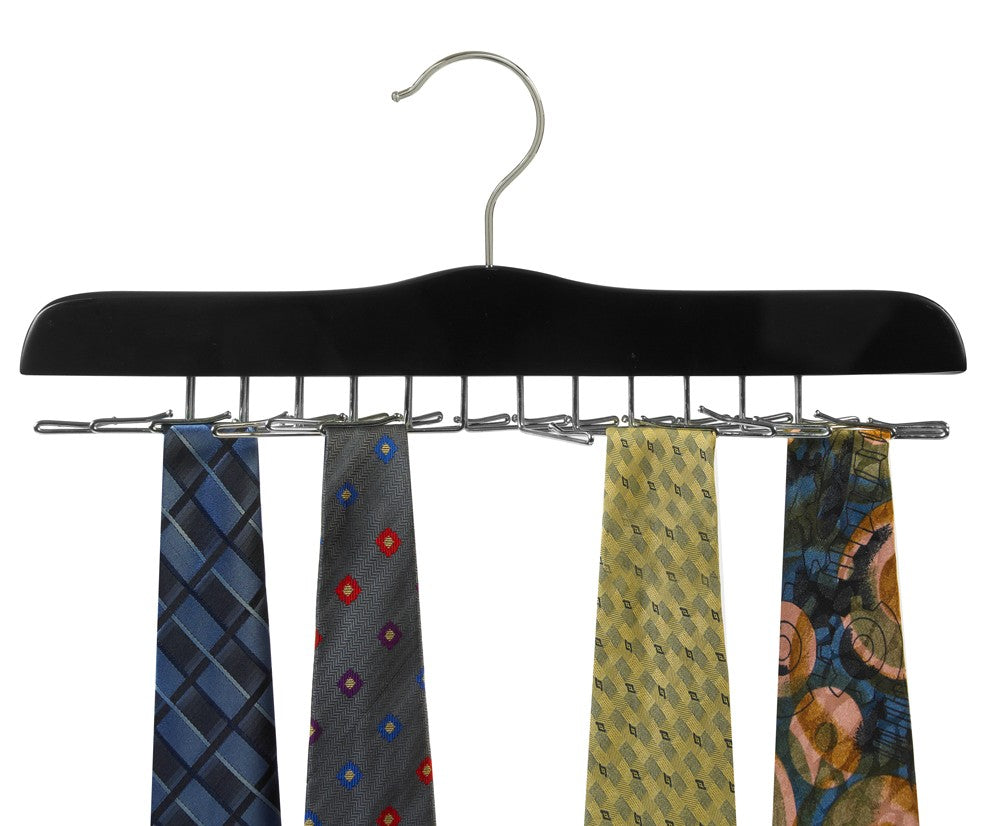 Premium Black Wooden Tie Hanger - 10 Slot Necktie Organizer for Closet & Travel - Durable Tie Rack for Men's Accessories Storage & Display
