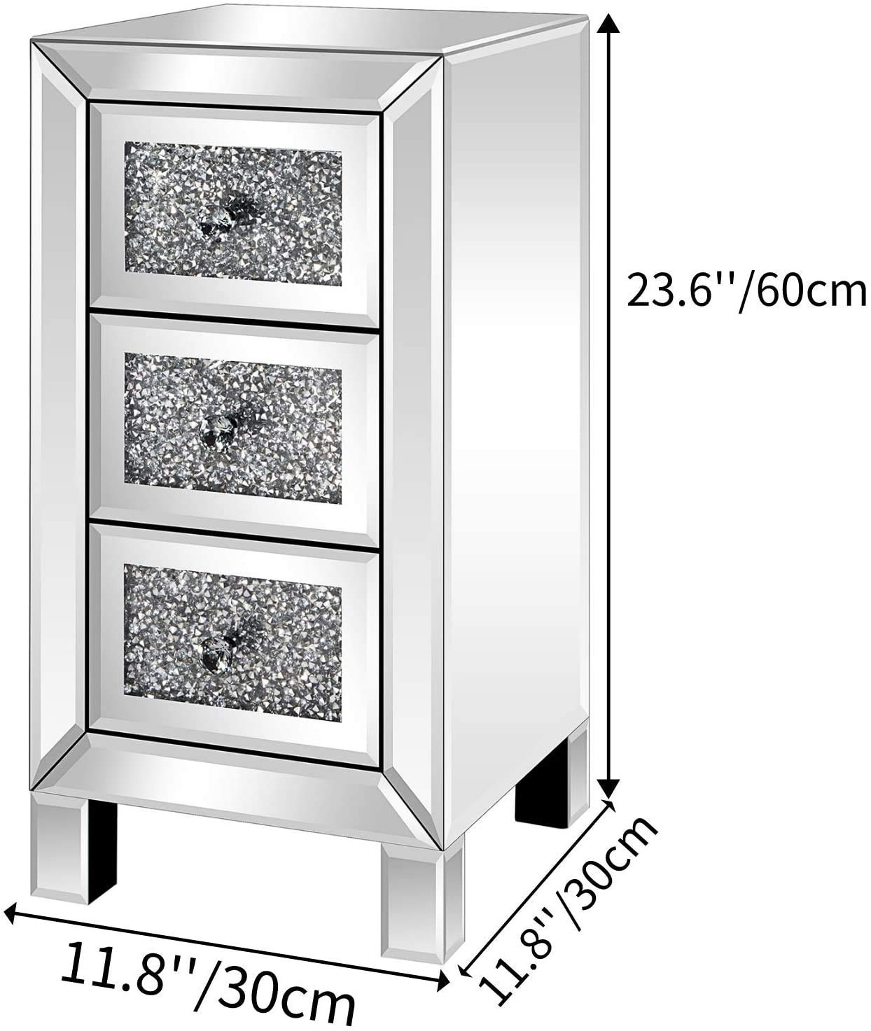 Mirrored Nightstand Set of 2 - Silver Finish Bedside Table with 3 Crushed Crystal Drawers, Elegant Accent Cabinet for Bedroom & Living Room - Perfect for Storing Jewelry, Books & Bedroom Essentials