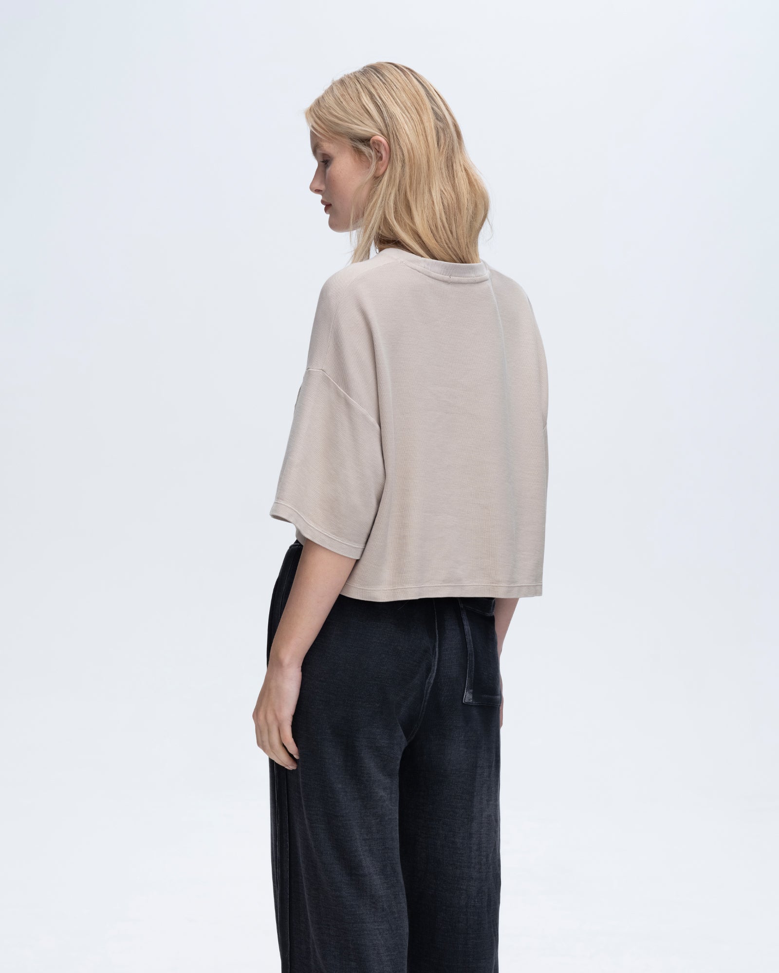 Pique Mixed Media Short Sleeve Boxy Pocket Tee - Sandy Beige | Casual Women's T-Shirt for Everyday Wear & Summer Outfits