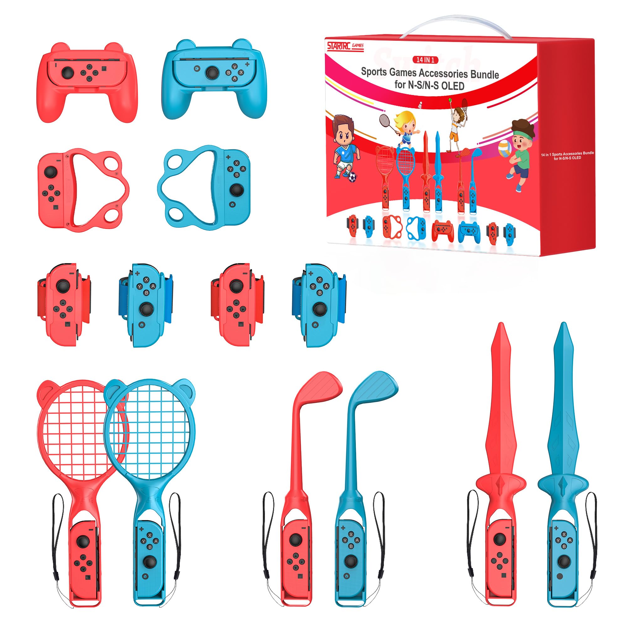 Nintendo Switch Sports Accessories Bundle - 14 in 1 Kit for Switch & Switch OLED | Tennis Racket, Golf Club, Sword Grip | Perfect for Multiplayer Sports Games & Family Fun | Great for Parties, Game Nights & Indoor Exercise