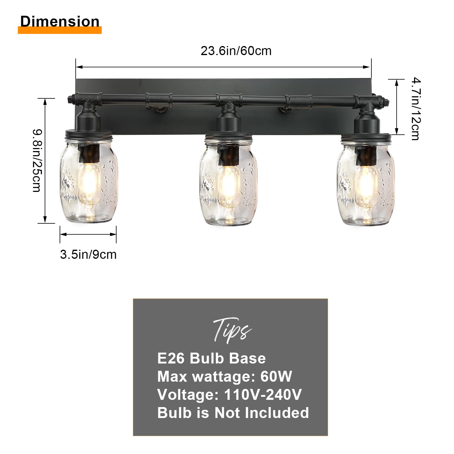 Industrial Mason Jar Vanity Light Fixtures - Black Finish Wall Sconce with 3 Lights for Bathroom, Bedroom, or Farmhouse Decor | Rustic Home Lighting Solution