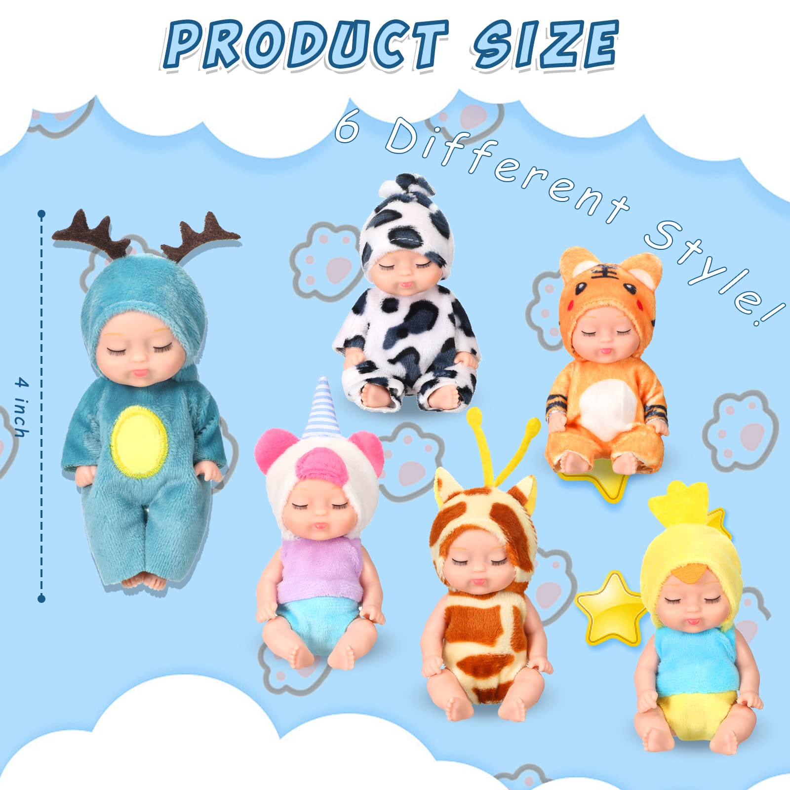 Leitee 6-Pack 4 Inch Mini Realistic Baby Dolls with Animal Outfits - Cute Small Lifelike Baby Dolls for Toddlers, Kids Birthday & Baby Shower Gifts | Perfect for Pretend Play, Collecting & Party Favors