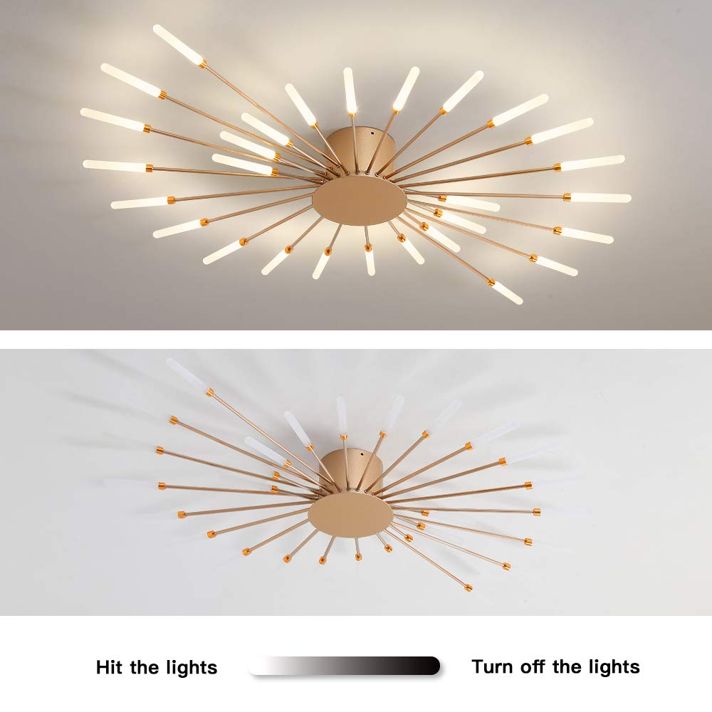 Modern Flower Shape Ceiling Light Fixture - 28 LED Sputnik Firework Petal Chandelier for Dining Room, Kitchen, Hallway - Flush Mount Metal Acrylic Lighting (Matte Gold) | Perfect for Home Decor, Restaurant Lighting & Commercial Spaces