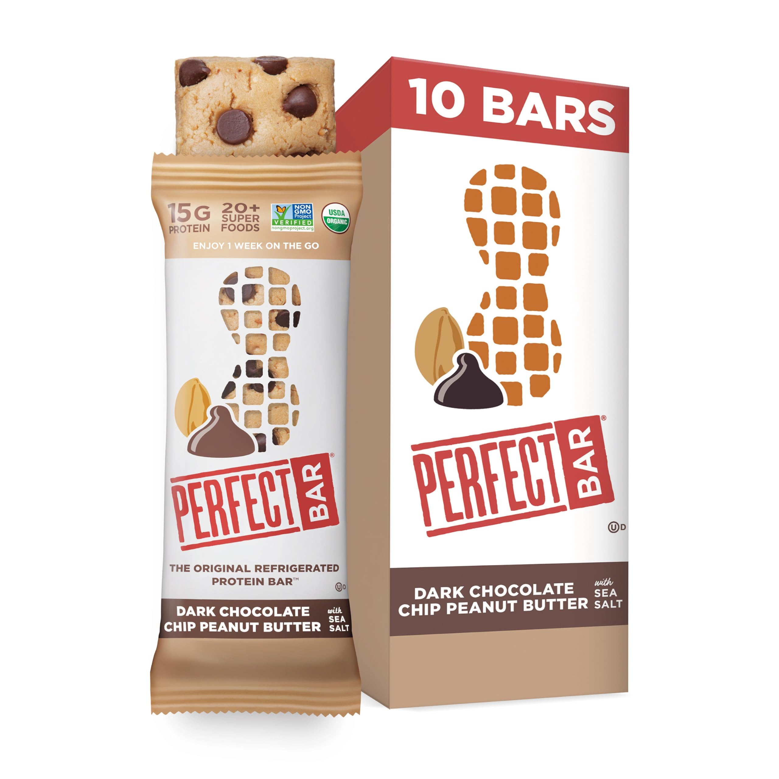 Perfect Bar Dark Chocolate Chip Peanut Butter Protein Bar - High Protein, Organic, Gluten Free, Soy Free, Non GMO, No Sugar Alcohols, 2.3oz (10 Count) - Healthy Snack for Workouts, Hiking & On-the-Go Nutrition