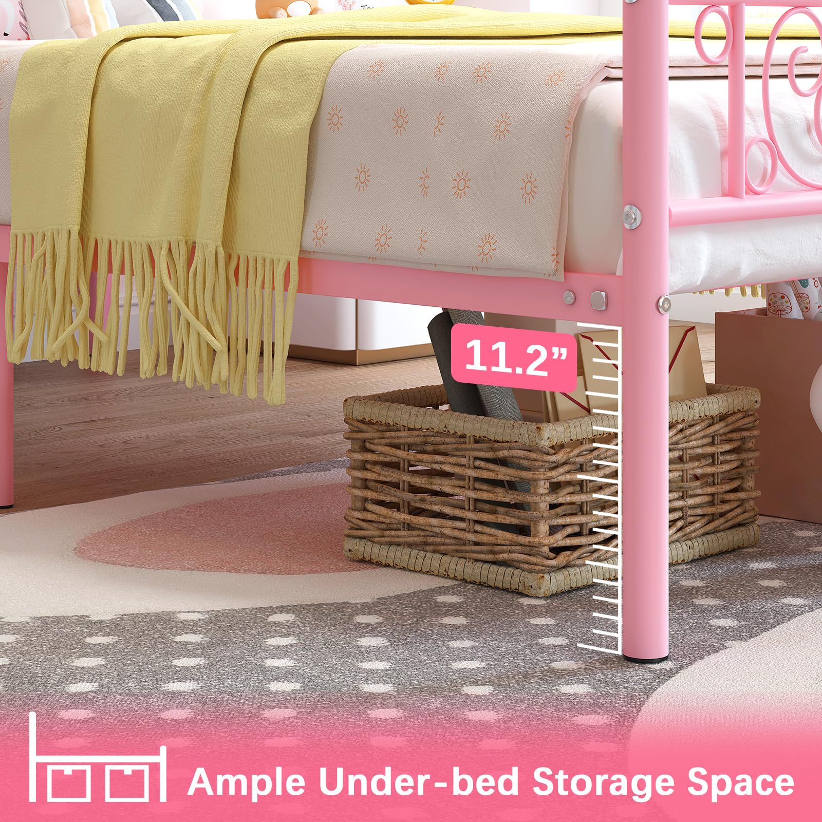 Weehom Twin Bed Frame with Metal Platform & Heavy Duty Steel Slats - Under Bed Storage Solution for Kids Room (Pink) | Space-Saving Bedroom Furniture for Small Spaces & Dorm Rooms