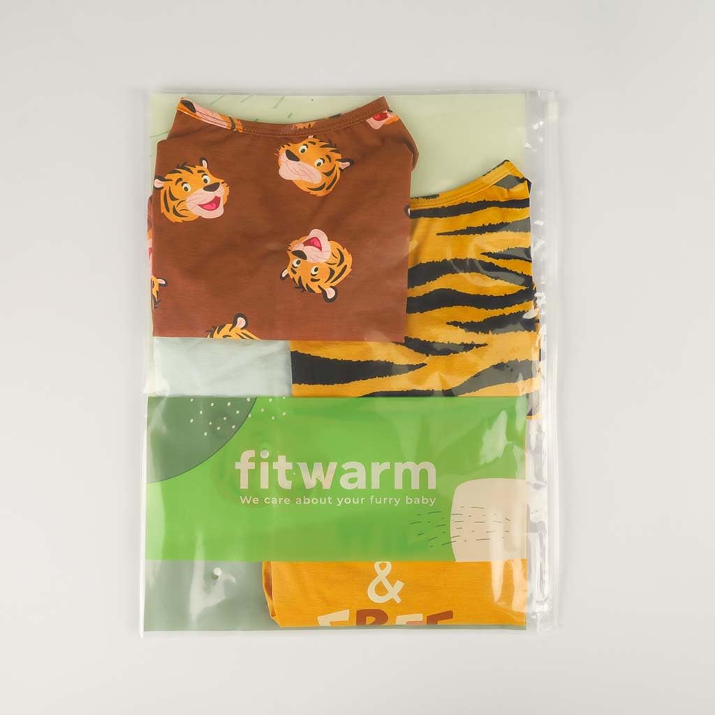 Fitwarm 4 Pack Tiger Print Dog T-Shirts - Summer Pet Clothes for Small Dogs (Yellow, Brown, Black, Green) - Cute & Funny Pet Costume for Puppies - Perfect for Parties, Photo Shoots & Daily Walks