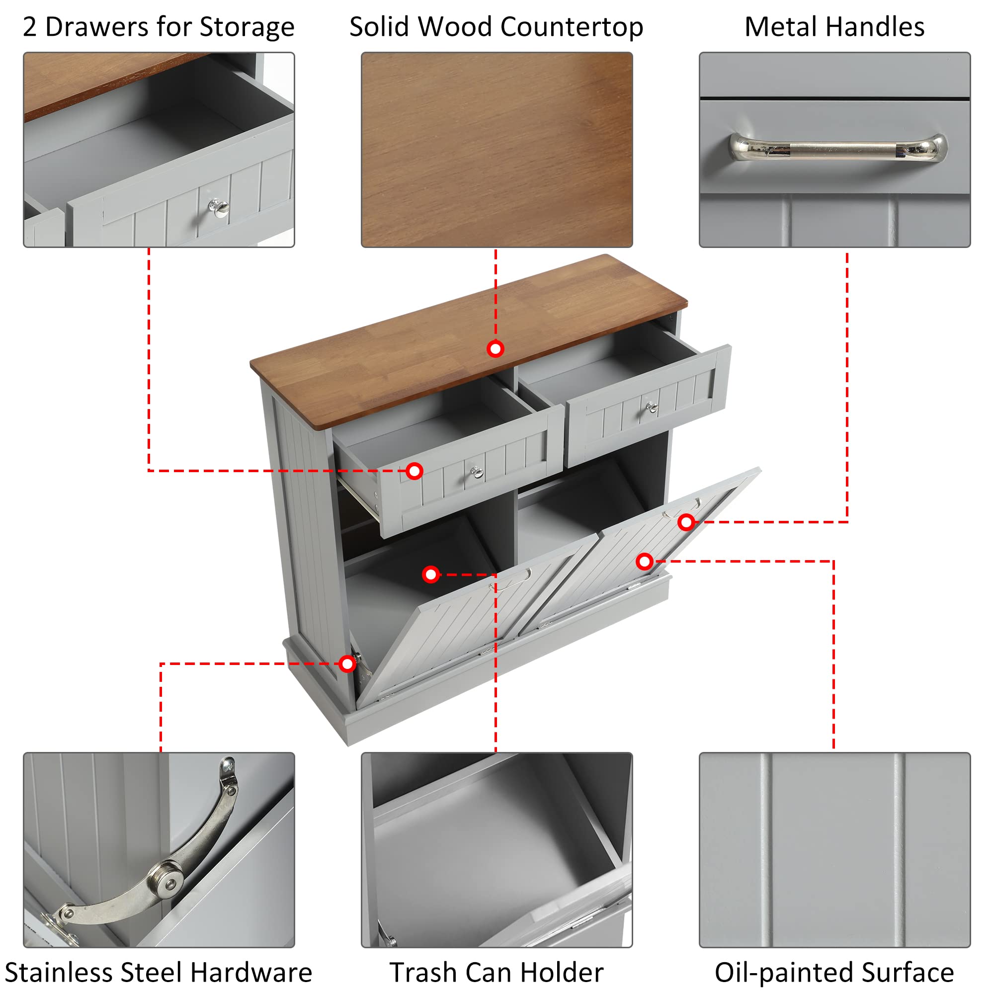 KIGOTY Double Tilt Out Trash Cabinet - Pet Proof Kitchen Trash Can with Countertop & Storage Drawer - Wooden Laundry Hamper Organizer for Kitchen, Bathroom, Laundry Room - Grey (Perfect for Small Spaces & Pet Owners)