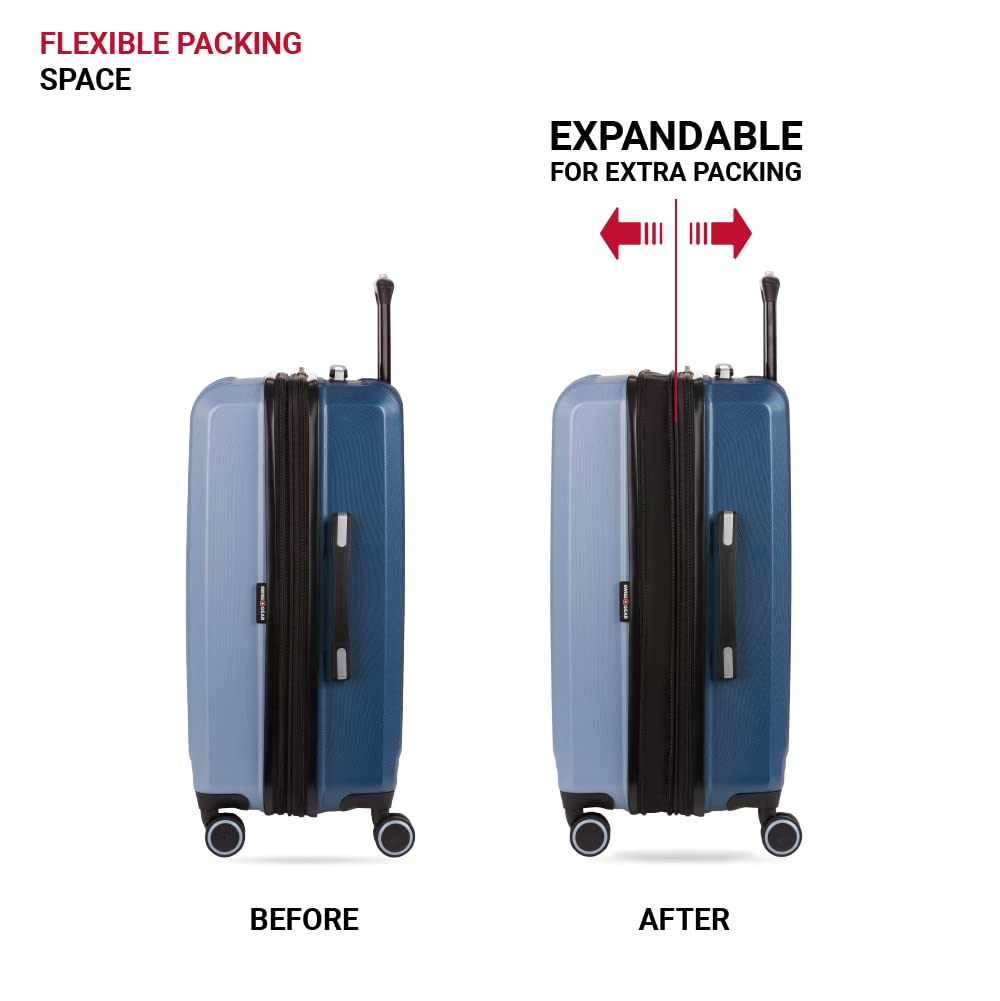 SwissGear Duet Expandable Hardside Spinner Luggage 24-Inch - Light Blue/Navy Checked Medium Suitcase for Travel, Business Trips & Vacation Packing