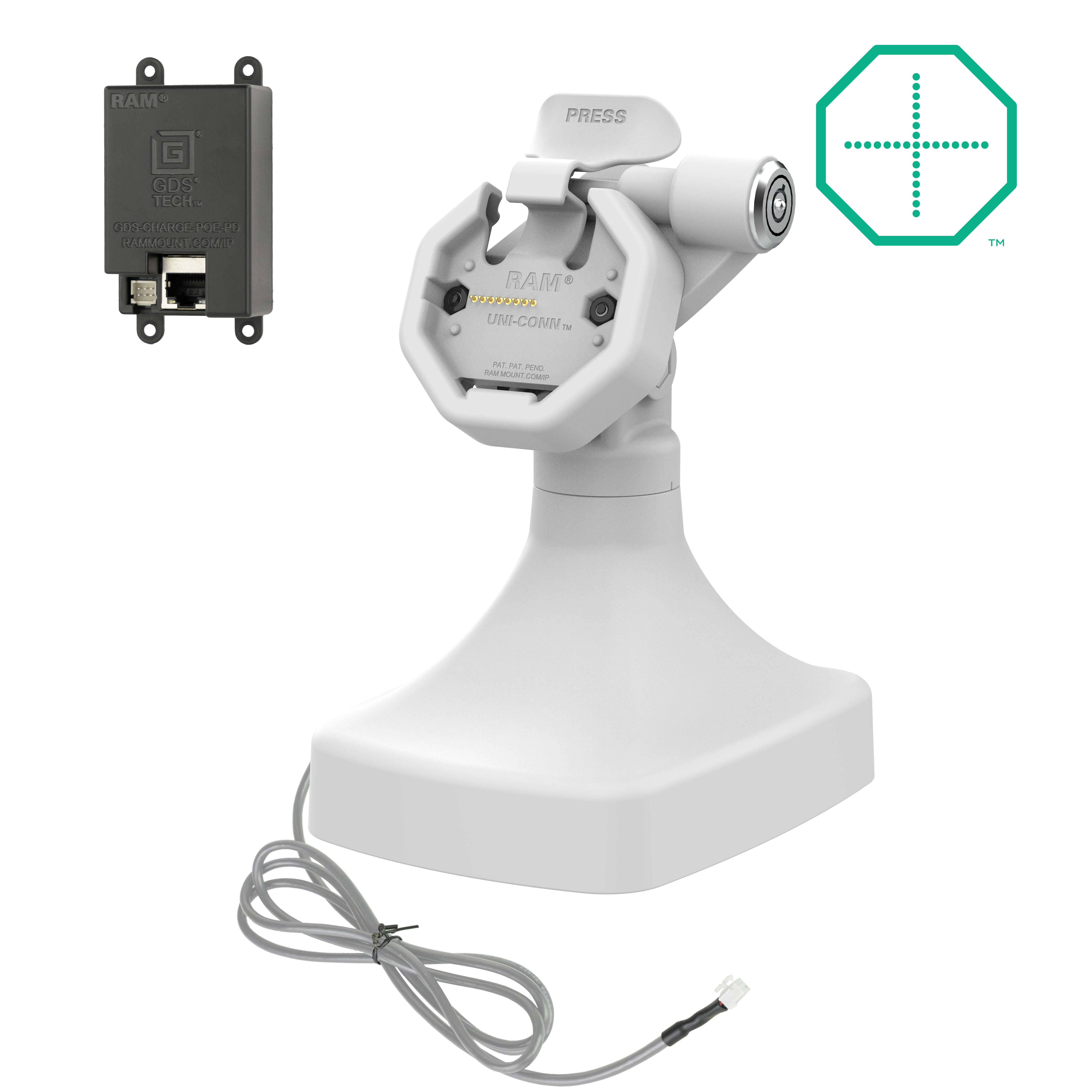 GDS® Uni Conn™ Powered Locking Tilt & Swivel Dock with PoE - Gray (RAM GDS DOCKLR D14 U3E GRY) - Secure Charging Station for Tablets & Mobile Devices in Vehicles & Offices