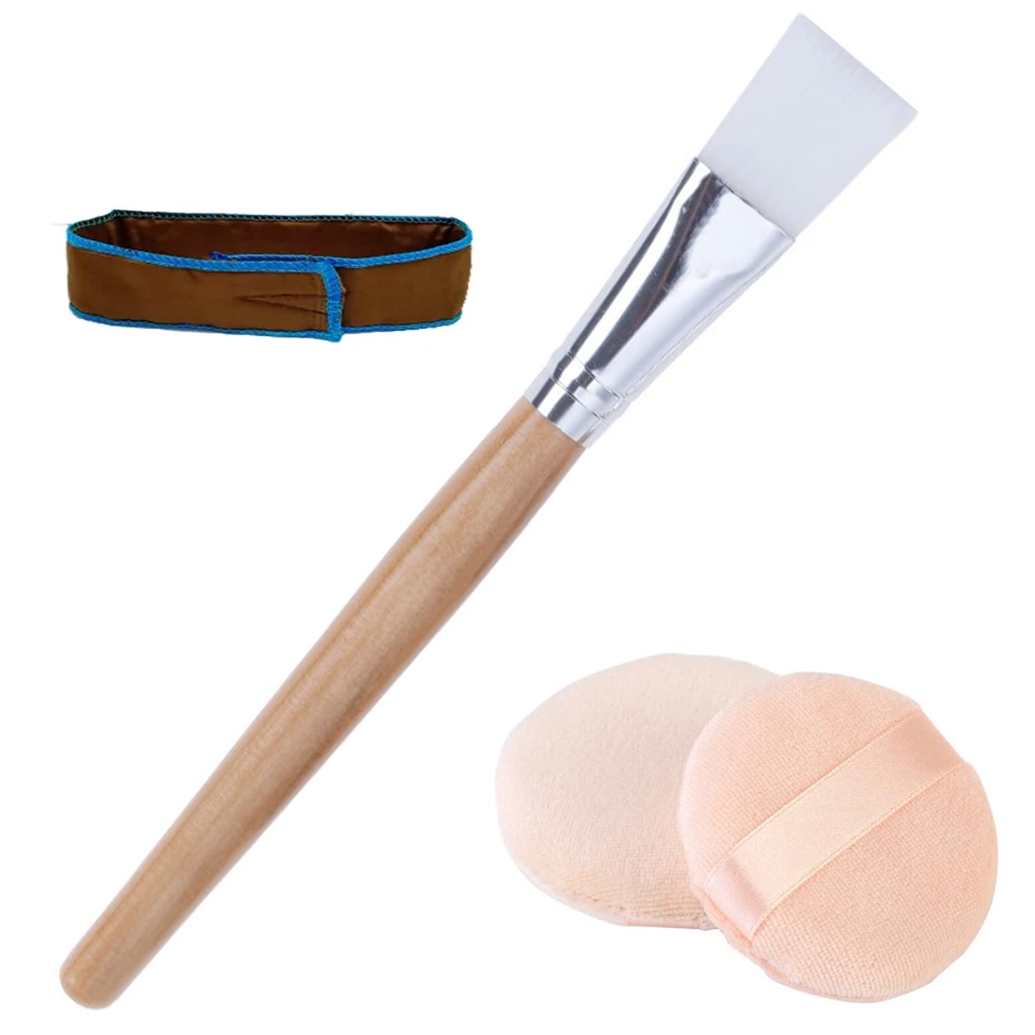 **Professional Facial Mask Brush & Makeup Brush Set with Headband & Sponges – Wooden Brush, Powder Puff, Headband – Perfect for Skincare, Makeup Application & Removal**    *(Ideal for At-Home Spa Days, Beauty Routines & Travel-Friendly Skincare Kits)*