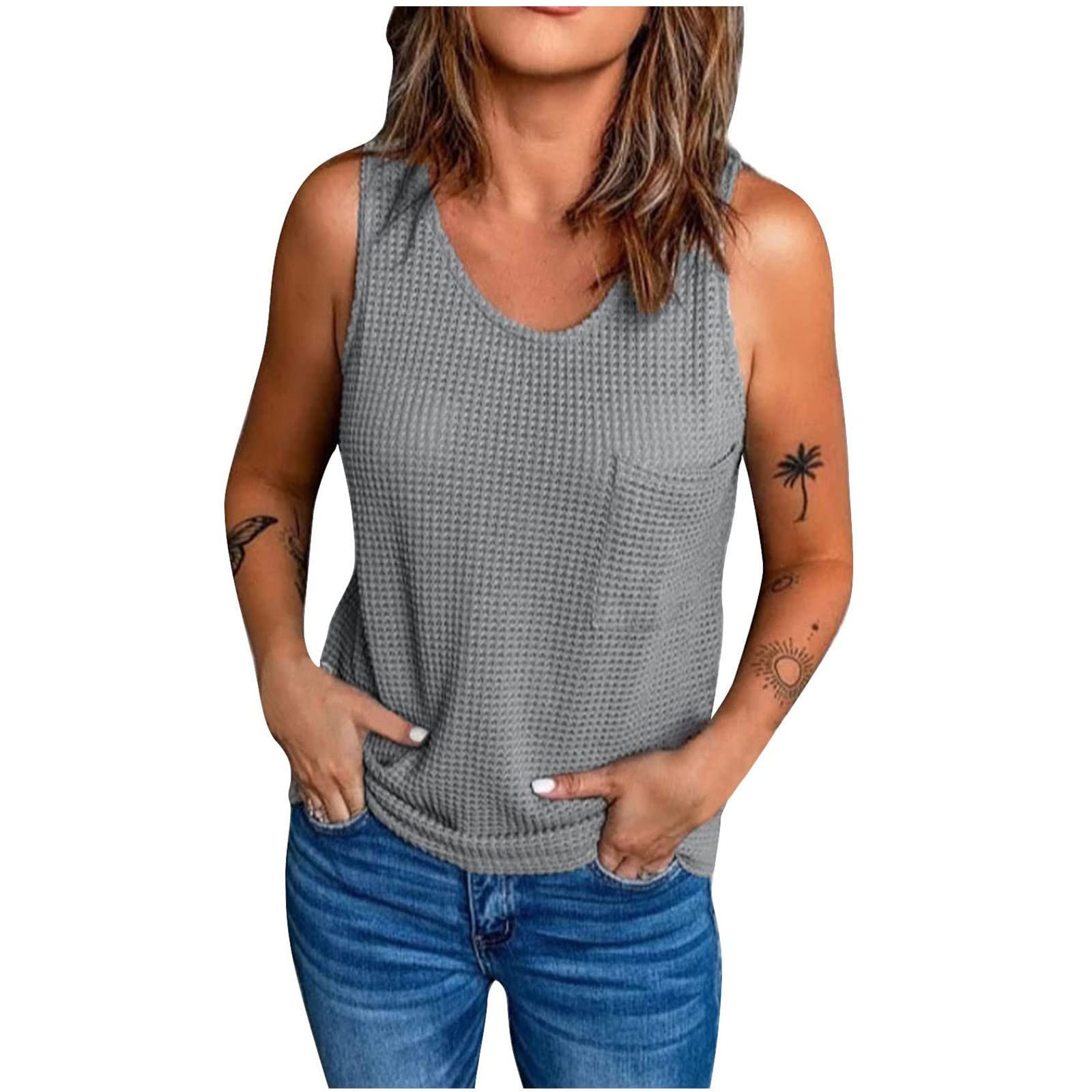 Women's Sleeveless Waffle Knit Tank Tops - Casual Scoop Neck T-Shirts, Sexy Tunic Camisole with Pocket for Summer, Gym, Travel & Everyday Wear