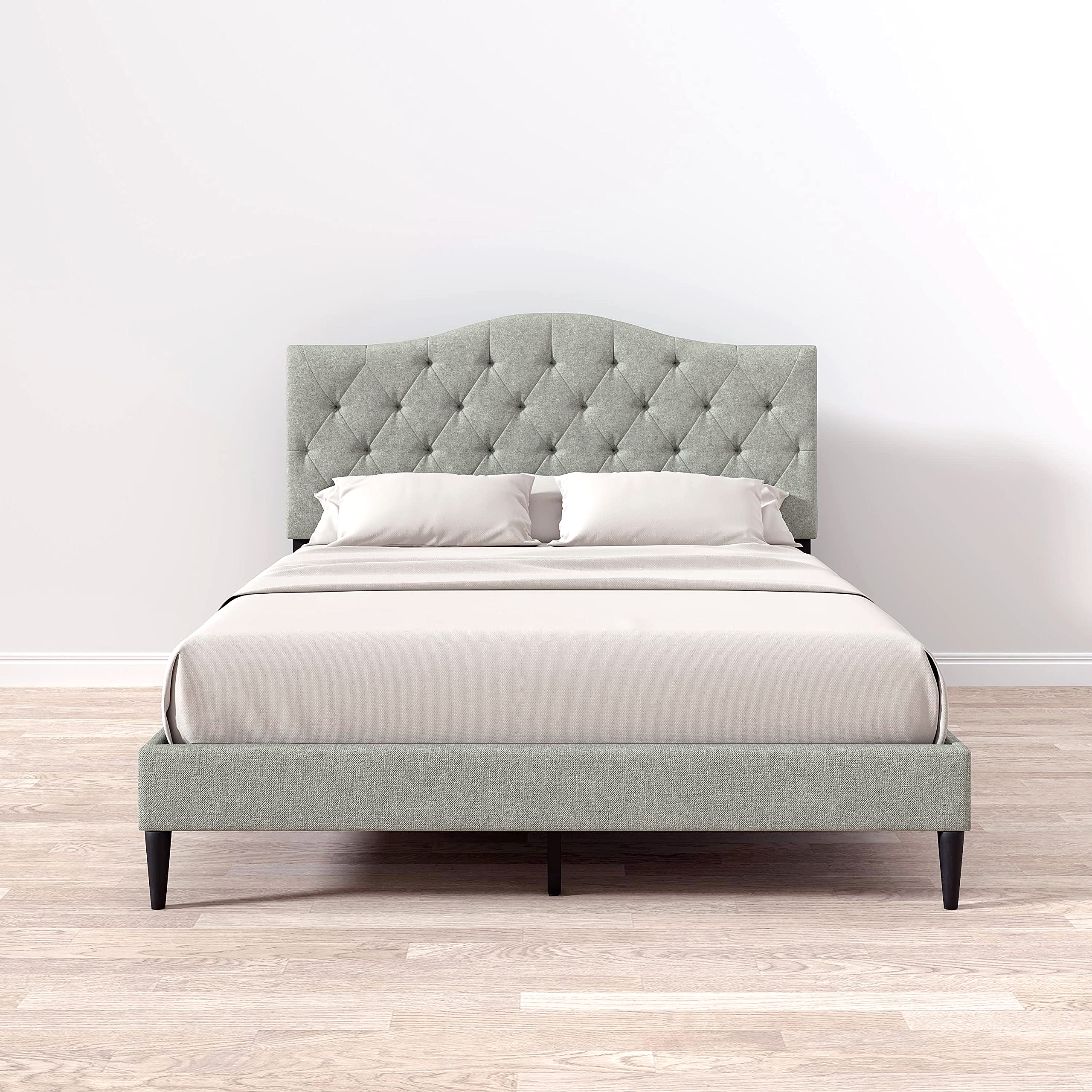 OROS Upholstered Queen Platform Bed Frame with Wood Slat Support - Tufted Camelback Design, No Box Spring Needed, Easy Assembly in Stone Color | Modern Bedroom Furniture for Master Suite, Guest Room & Apartment