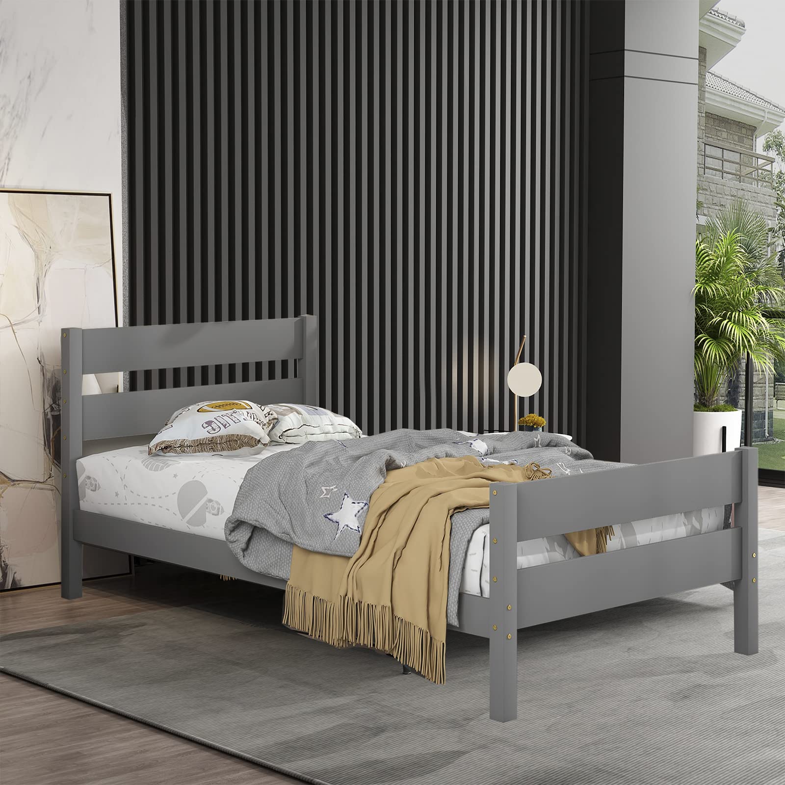 Pvillez Twin Size Wooden Bed Frame with Headboard & Footboard - Sturdy Platform Bed for Kids, No Box Spring Needed, Includes Storage Space - Perfect for Boys & Girls Bedrooms (Gray)