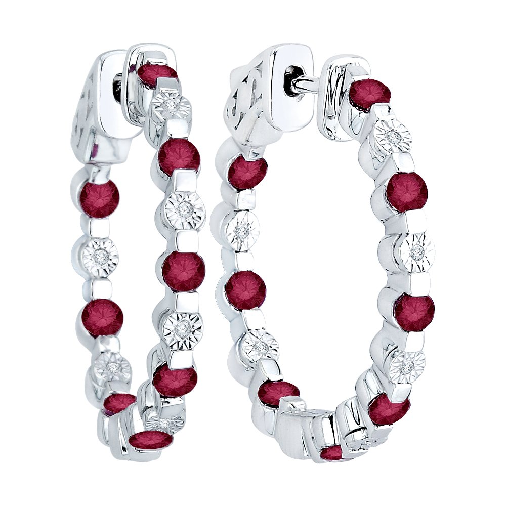1/20 ct. Diamond & 1 5/8 ct. Ruby Alternating Hoop Earrings in Sterling Silver - Elegant Dangling Jewelry for Women, Perfect for Parties, Weddings & Special Occasions