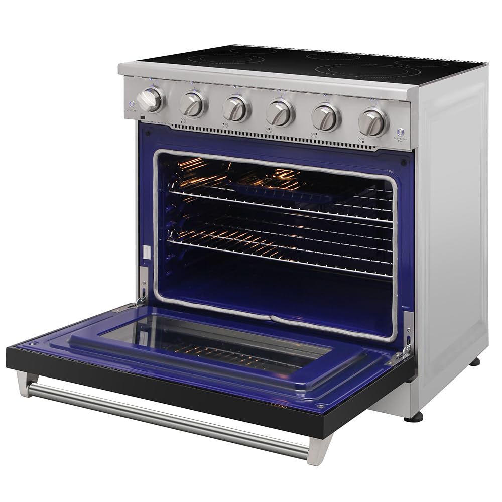 36 Inch Stainless Steel Electric Range - 5 Burner Cooktop, 6.0 Cu. Ft. Convection Oven, Smooth Glass Top - Professional Kitchen Appliance for Home Cooking & Baking (Black, Model KOS-36RE06H)