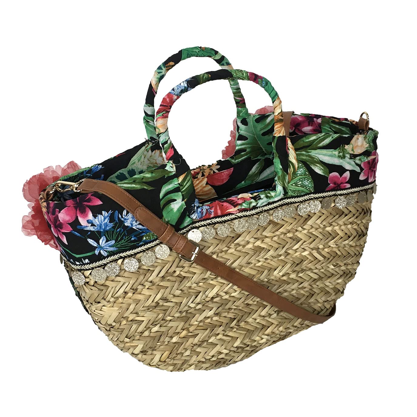 Alex Max Parrot Flowers Embellished Straw Tote Beach Bag - Colorful Woven Handbag for Women, Summer Vacation, Pool Party & Picnic Accessories