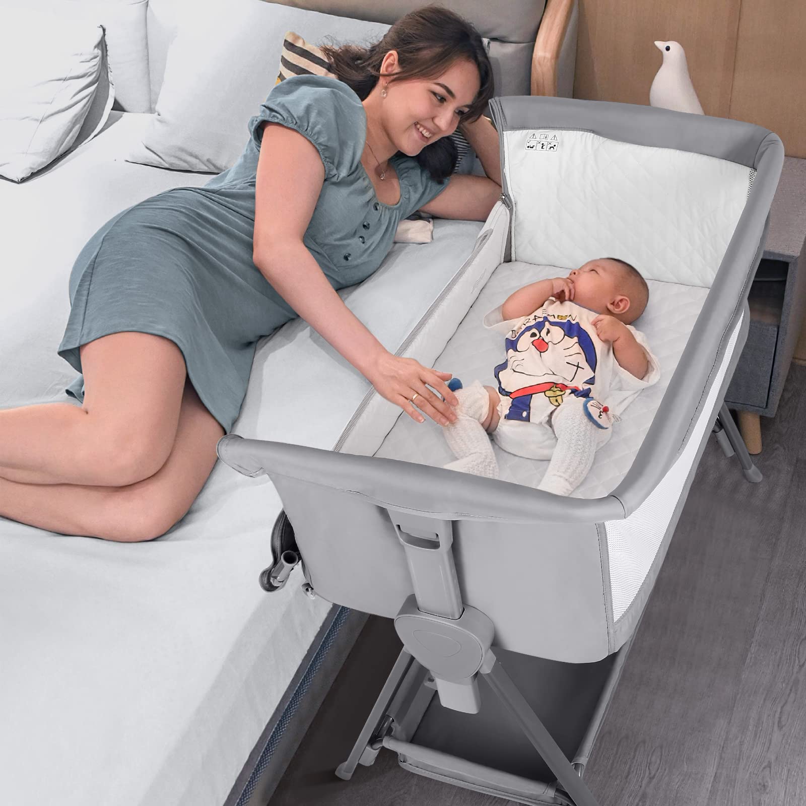 Cowiewie Adjustable Baby Bassinet with Mattress & Storage | 7-Level Height Adjustable Crib | Breathable Cotton Bassinet Sleeper for Newborn | Nursery, Bedroom & Travel Use