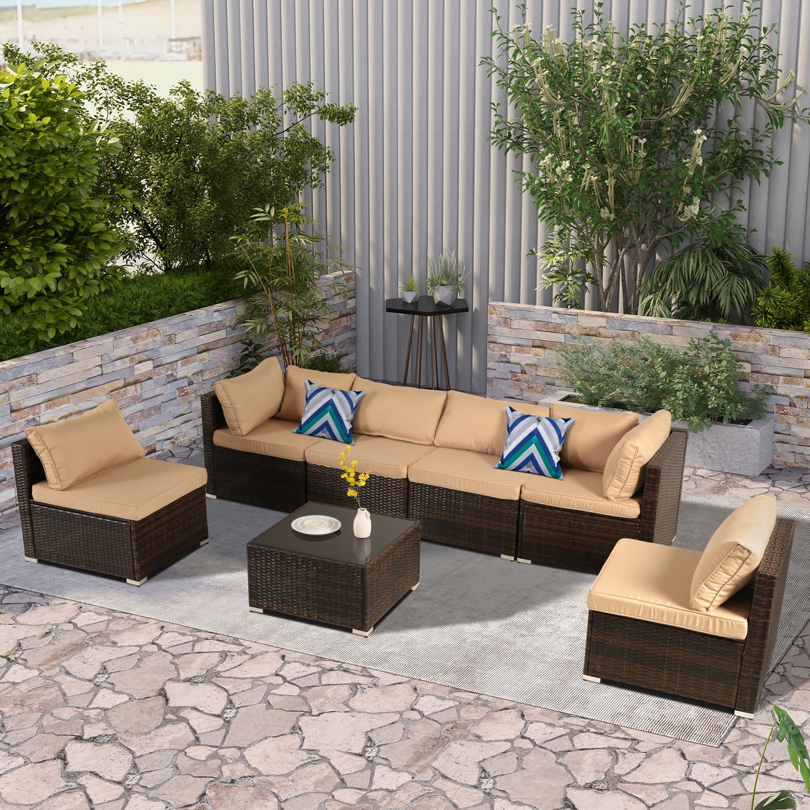 7-Piece Patio Outdoor Furniture Set - Rattan Wicker Sectional Sofa with Coffee Table - Brown Wicker & Khaki Cushion - Perfect for Deck, Lawn, Garden, and Poolside Relaxation