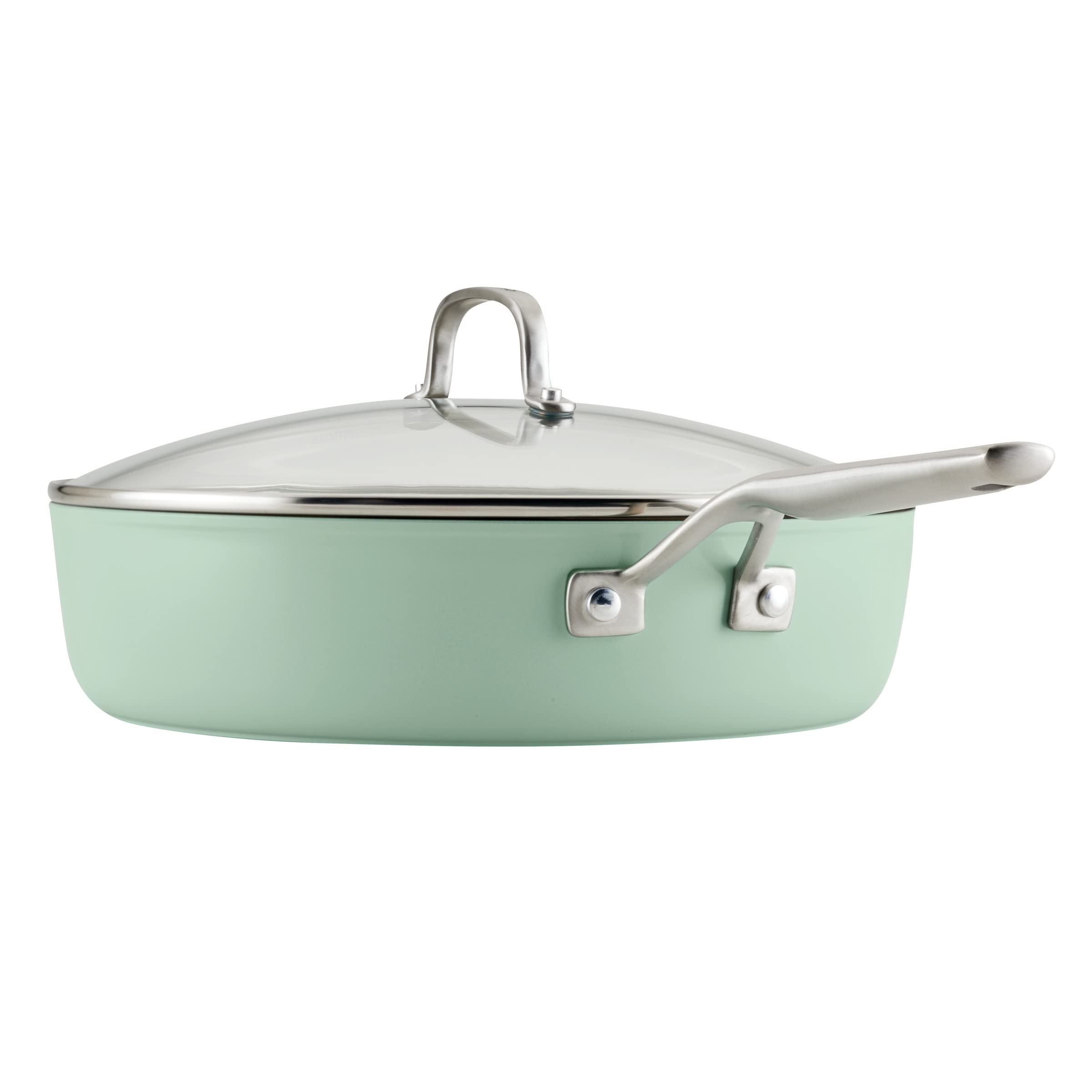 KitchenAid 5-Quart Nonstick Sauté Pan - Hard Anodized Ceramic Cookware with Shatter-Resistant Glass Lid & Riveted Handle - Even Heat Distribution, Oven Safe to 500°F, Easy to Clean - Pistachio Green - Perfect for Sautéing, Frying, and Simmering in Modern Kitchens