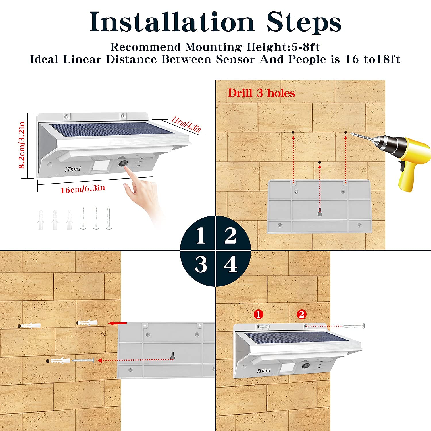 iThird Solar Powered Outdoor Lights with Motion Sensor - 2 Pack Super Bright Waterproof Stainless Steel Solar Security Lights for Yard, Patio, Garage (Daylight) | Perfect for Pathway Lighting & Home Security