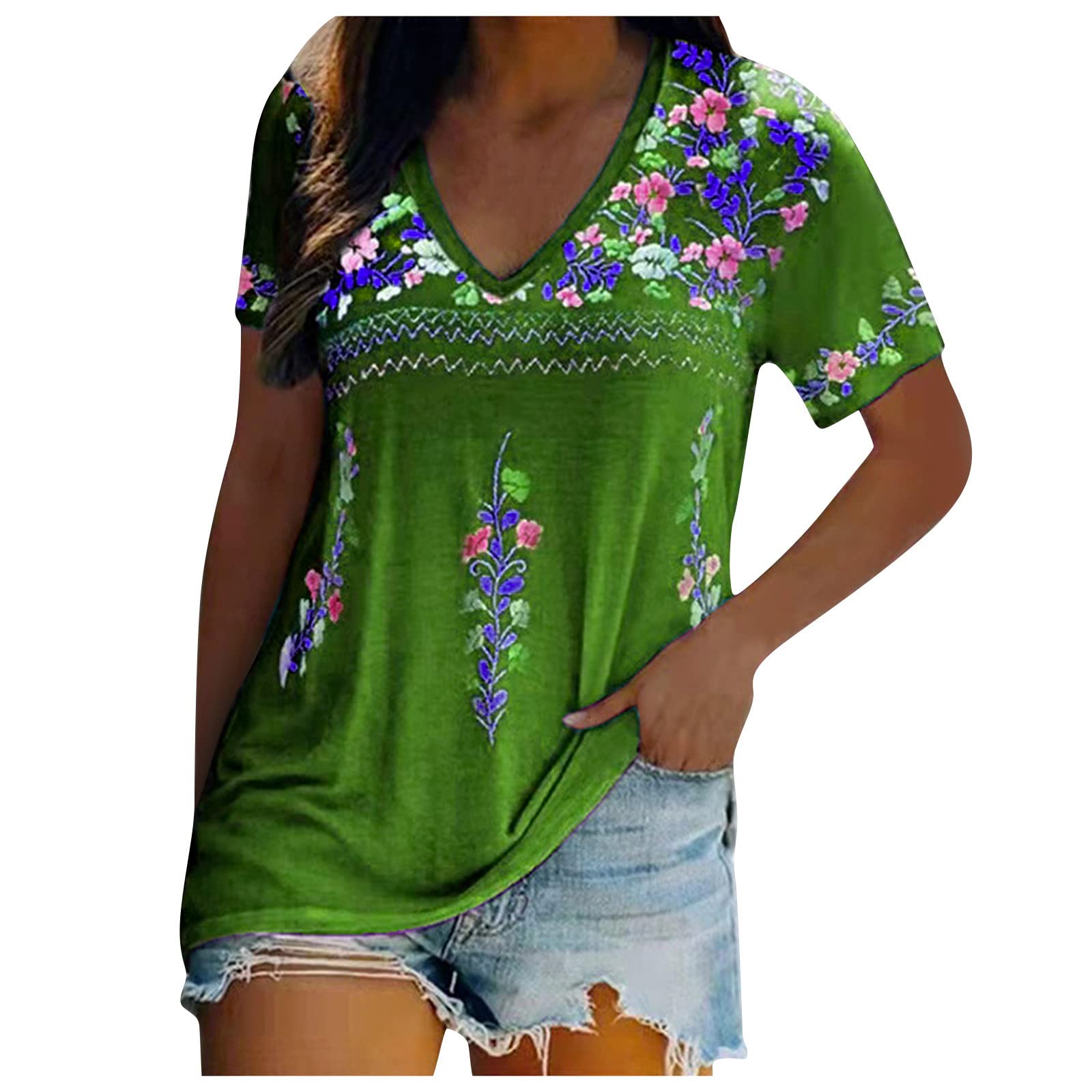 Trendy Women's National-Style Short Sleeve V-Neck T-Shirts - Casual Loose Tunic Tops for Everyday Wear, Street Style & Summer Outfits