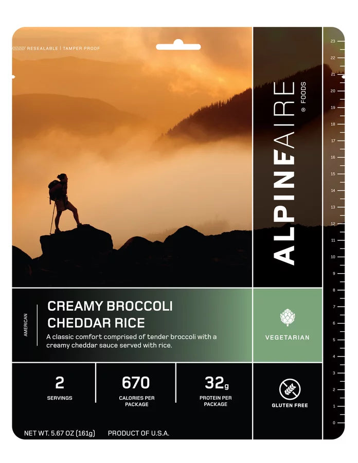 AlpineAire Creamy Broccoli Cheddar Rice - Dehydrated Backpacking & Camping Meal - Lightweight Freeze-Dried Food for Hiking, Emergency Prep & Outdoor Adventures