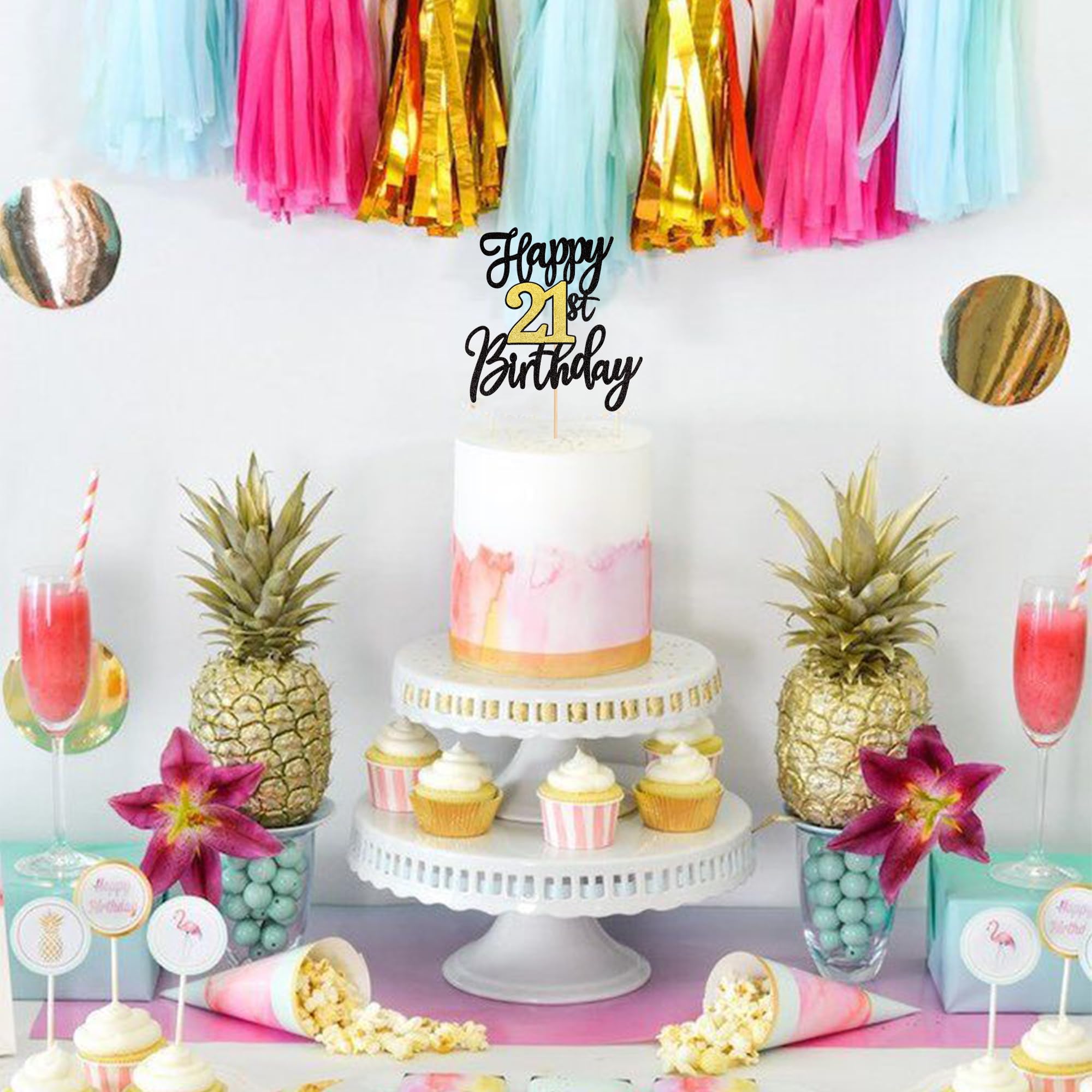 1 PCS Happy 21st Birthday Cake Topper - Black & Gold Glitter 'Cheers to 21 Years' Cake Decoration for 21st Birthday Party Supplies | Perfect for Anniversary Celebrations, Milestone Cakes & Festive Decor