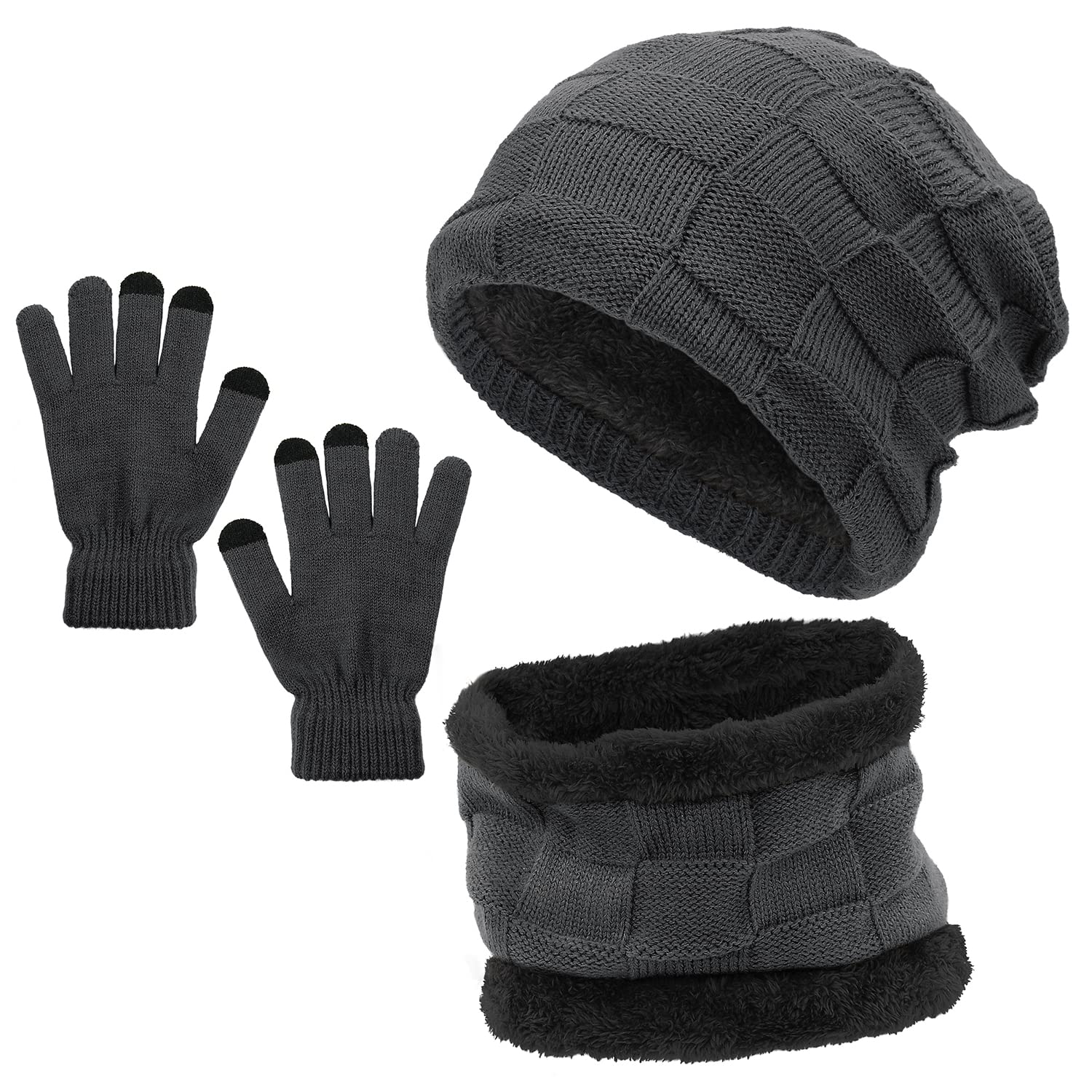 Zando Fleece Lined Beanie Hat Set with Neck Warmer & Touch Screen Gloves - Winter Warm Accessories for Men & Women - Perfect for Skiing, Snowboarding & Outdoor Activities