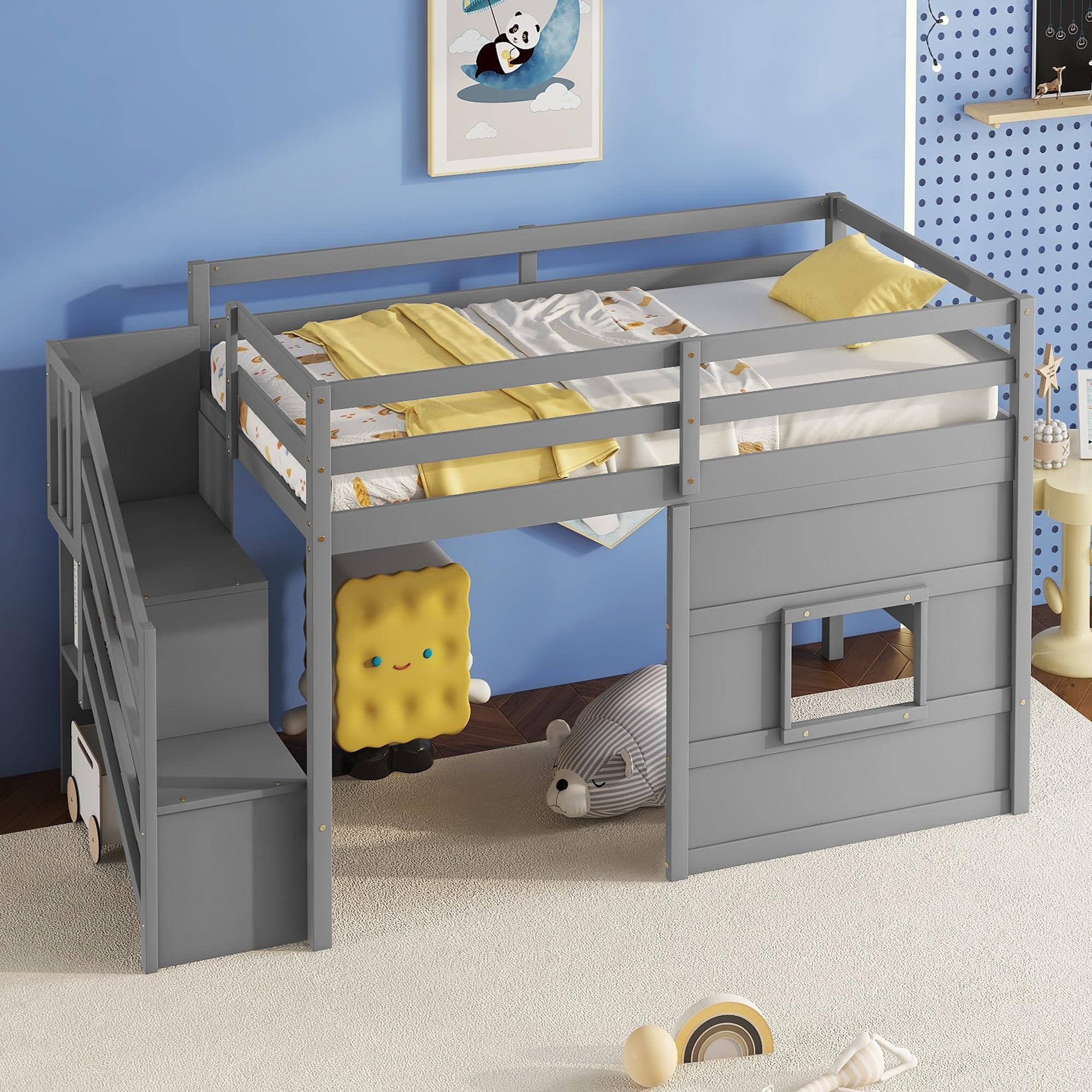Twin Size Low Loft Bed with Stairs & Storage - Solid Wood Kids Loft Bed Frame for Boys & Girls in Gray - Space Saving Solution for Small Bedrooms, Dorm Rooms & Kids' Rooms