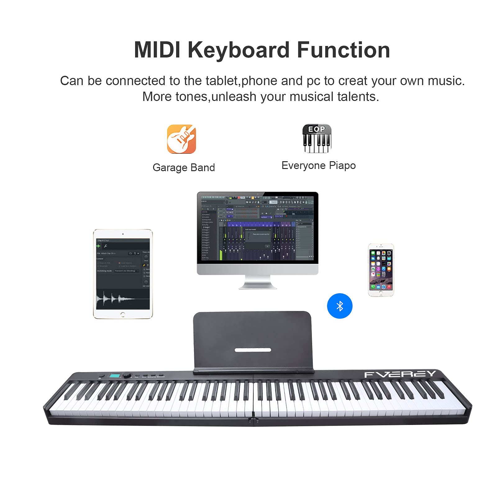 FVEREY 88 Key Folding Piano Keyboard - Semi-Weighted Portable Digital Piano with Sustain Pedal, Bluetooth & USB MIDI - Full Size Electric Keyboard for Beginners & Adults - Perfect for Home Practice, Travel & Studio Recording