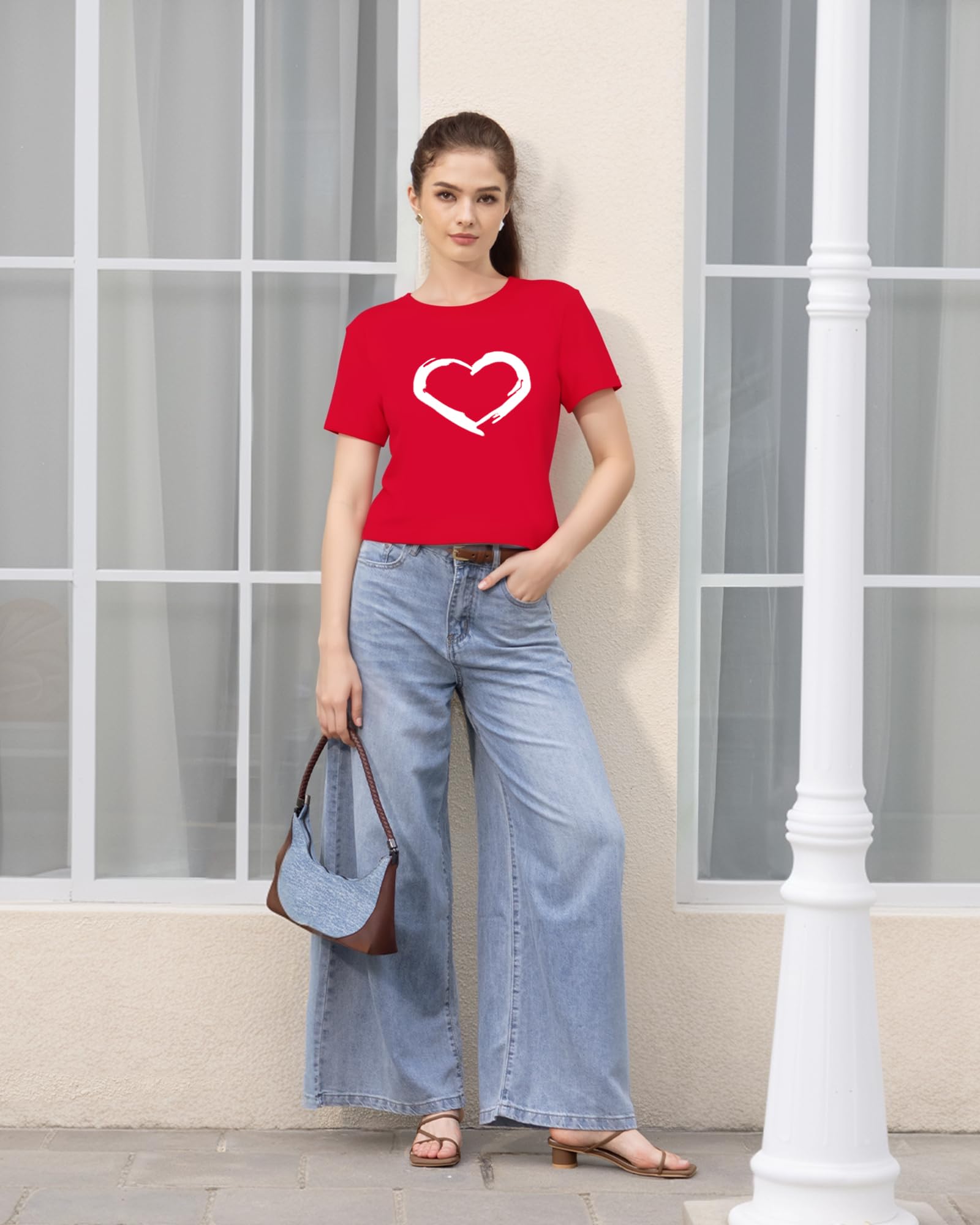 HERLOLLYCHIPS Women's Cute Heart Graphic Crewneck Short Sleeve T-Shirt - Regular Fit Casual Top for Summer Outfits, Date Nights & Weekend Wear