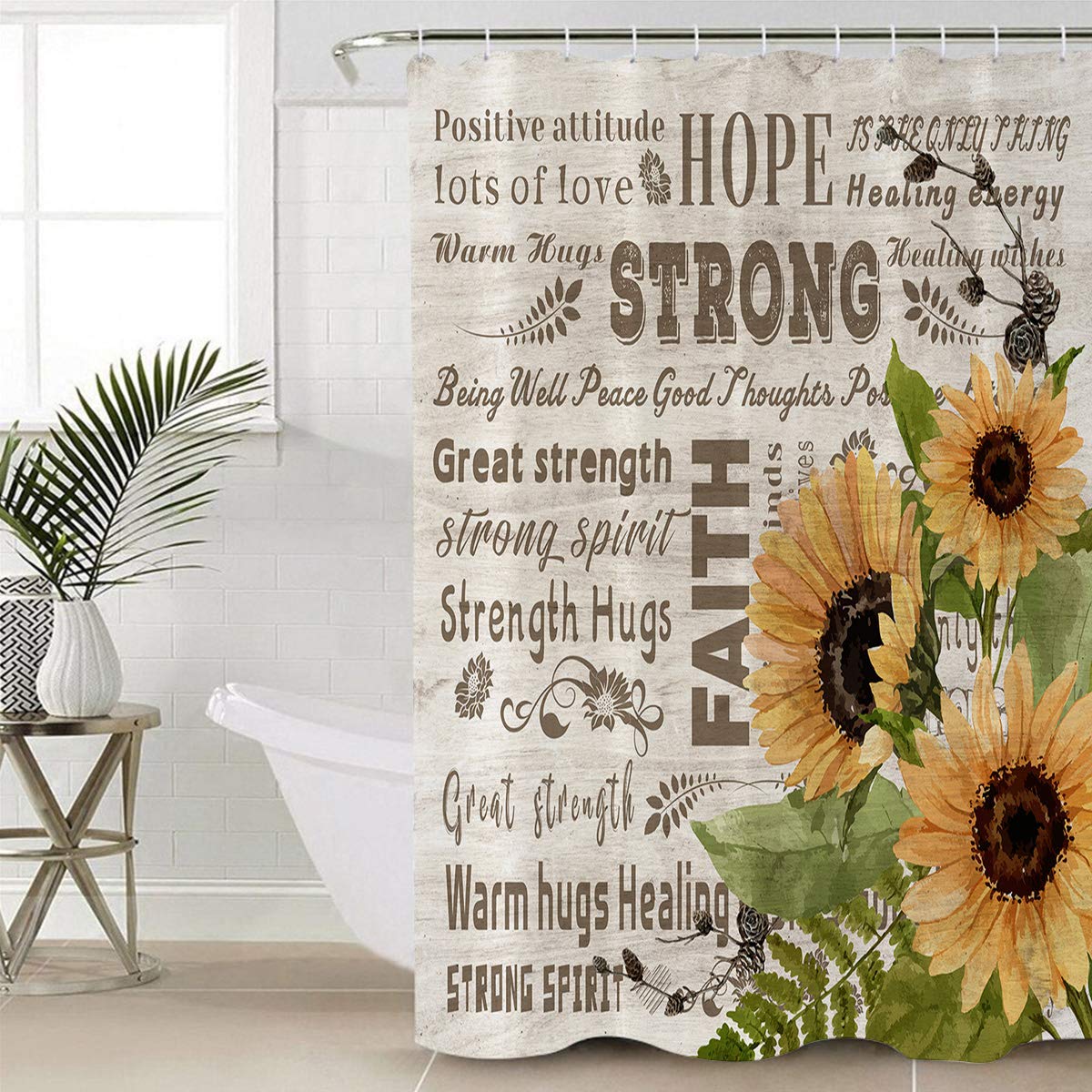 72x72 Inches Waterproof Sunflower Shower Curtain Set with Positive Text - Polyester Fabric Bathroom Decor for Mother's Day Gift, Home & Hotel Use