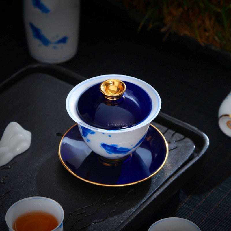 Hand Painted Blue and White Porcelain Goldfish Tea Set - Elegant Chinese Style Tea Cup, Saucer & Teapot for Afternoon Tea, Gift, or Home Decor