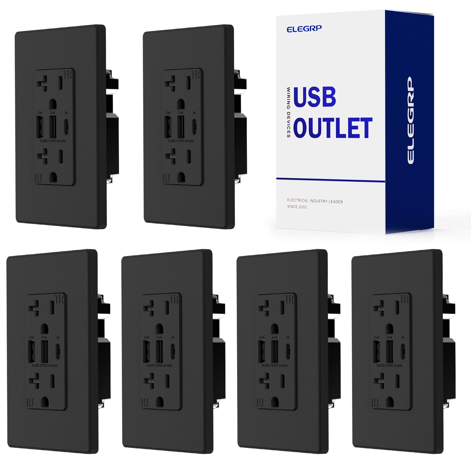 ELEGRP 3-Port USB C Wall Outlet - 30W 6.0A Fast Charging Electrical Receptacle with USB C Ports, 20 Amp Tamper-Resistant Outlet, UL Listed, Includes Screwless Matte Black Wall Plate (6 Pack) - Perfect for Home, Office & Hotel Room Charging Stations